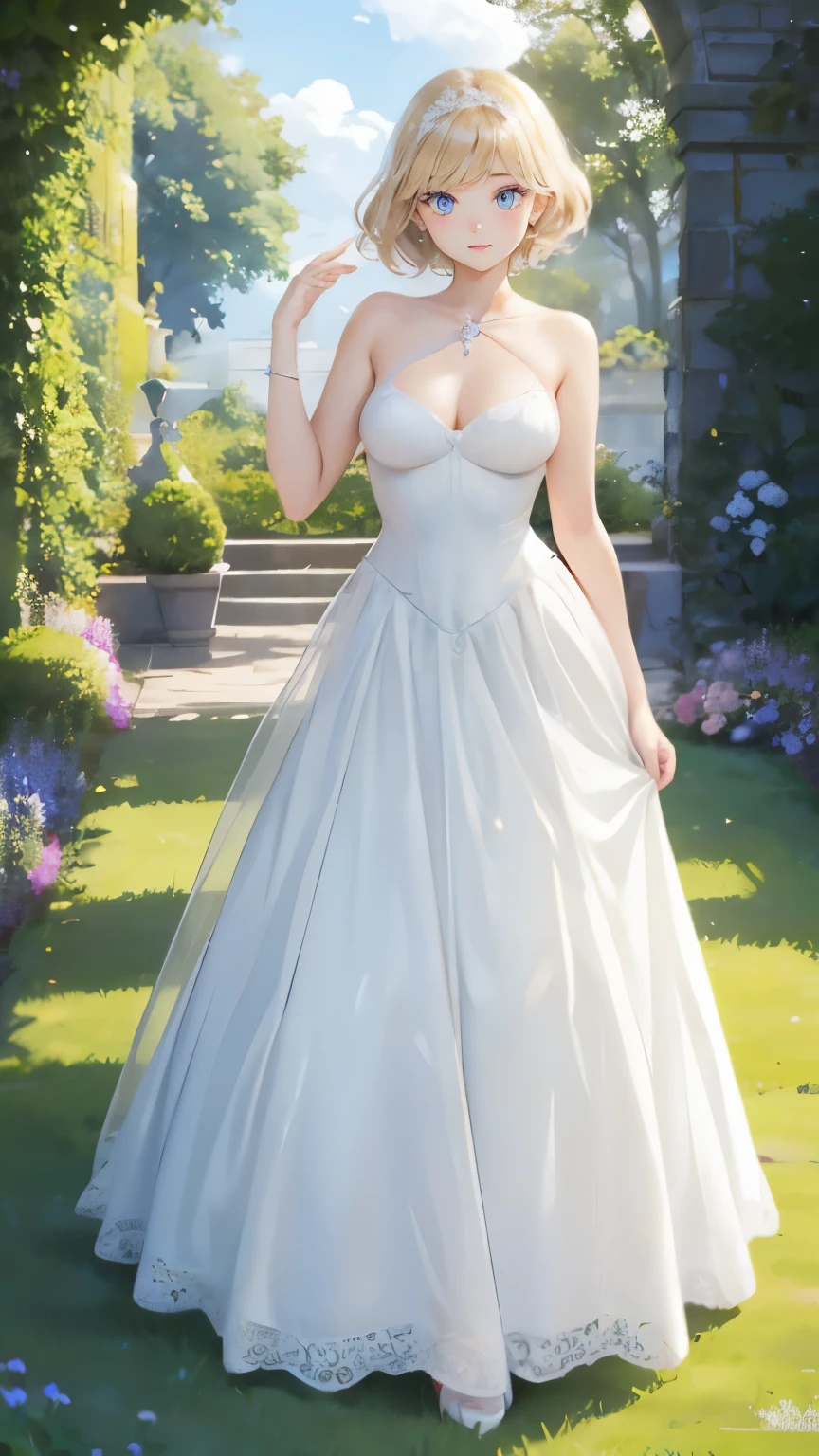 (masterpiece:1.2), (highest quality:1.2),, Curvy but slender body, perfect eyes, perfect face, perfect lighting, 1 girl, in the garden, （whole bodyが見える），（Are standing），（Wedding dress），（cute gesture），（smile），（I&#39;m inside the castle），curly hair, Fine clothes, Detailed outdoor background, compensate, eye shadow, thick eyelashes, fantasy, looking at the viewer, whole body，alice in wonderland、blue sky、Bright and very beautiful face、young shiny glossy white shiny skin、the best beauty、The most beautiful bright blonde hair in the world、thin hair、short hair、Shining beautiful bangs、Glowing crystal clear big blue eyes、Very beautiful lovely 17 year old most beautiful girl in the world、small breasts