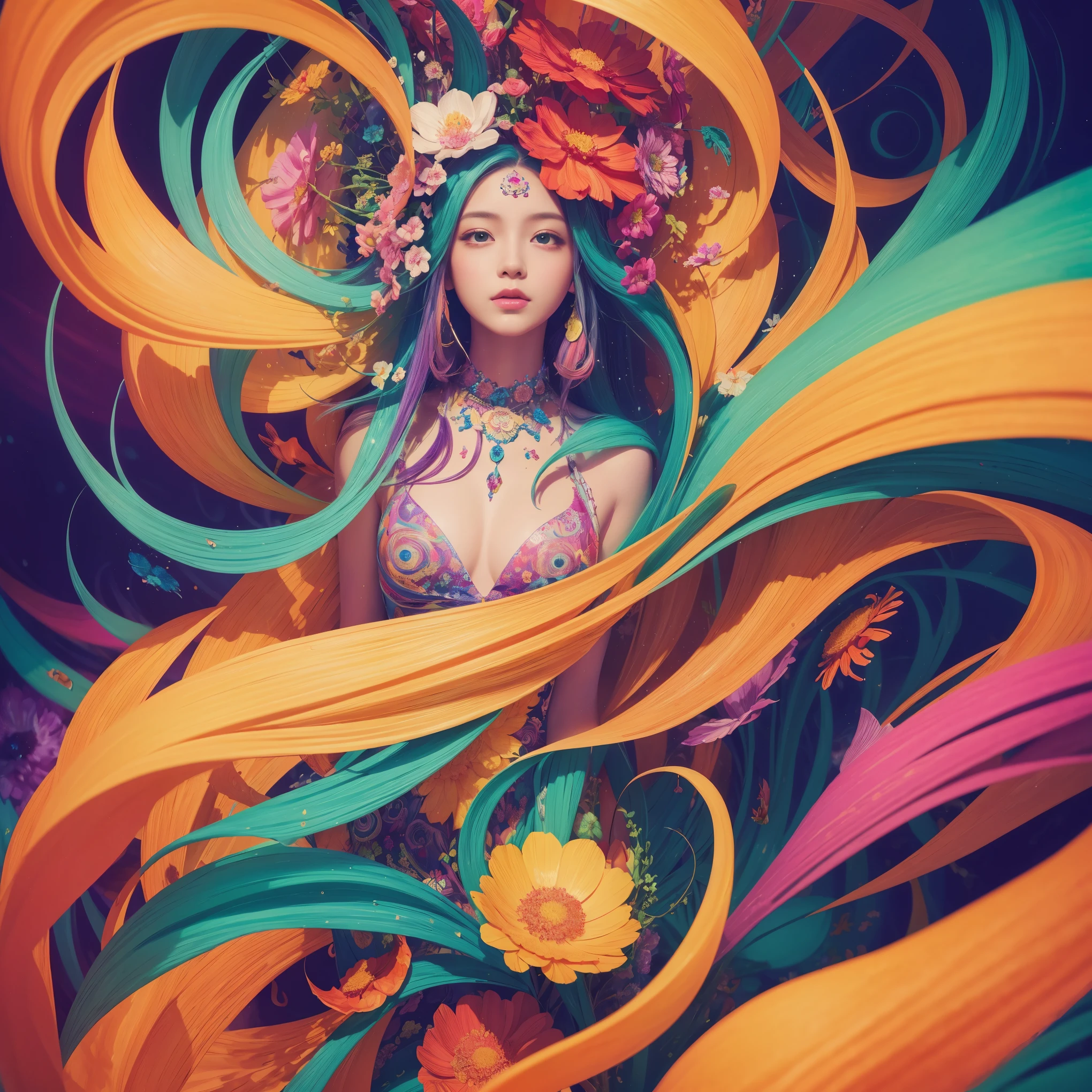 (masterpiece、highest quality、beautiful:1.2)、surreal、(digital painting)、1 girl、Abstract beauty in psychedelic style、approaching perfection、very detailed、art station、concept art、An illustration、Bright colors、Swirling patterns、abstract shapes、blooming flowers、colorful petals、complex background