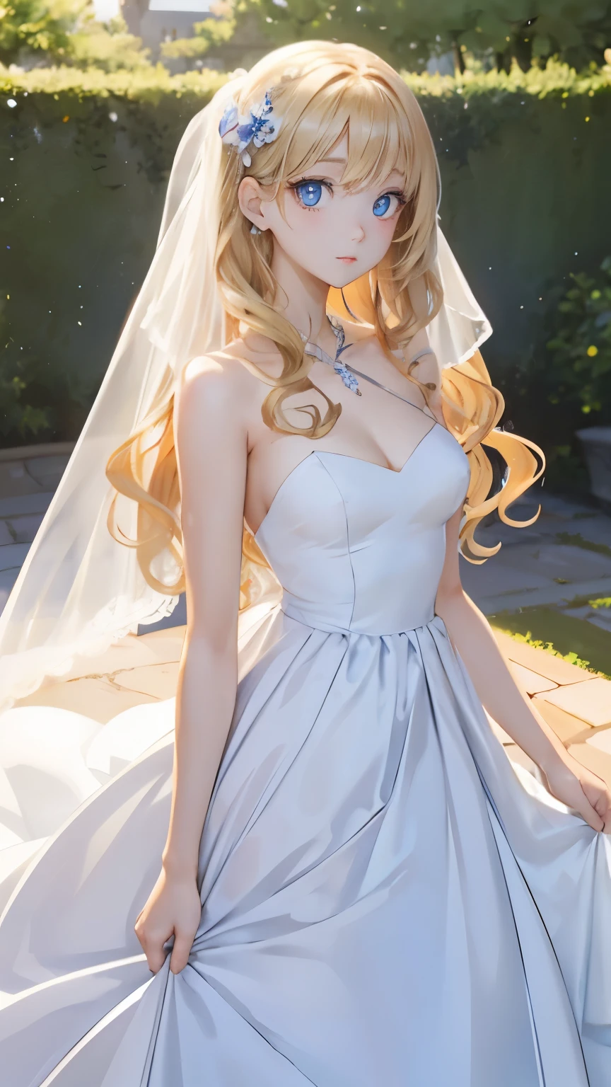 (masterpiece:1.2), (highest quality:1.2),, Curvy but slender body, perfect eyes, perfect face, perfect lighting, 1 girl, in the garden, （whole bodyが見える），（Are standing），（Wedding dress），（cute gesture），（smile），（I&#39;m inside the castle），curly hair, Fine clothes, Detailed outdoor background, compensate, eye shadow, thick eyelashes, fantasy, looking at the viewer, whole body，alice in wonderland、blue sky、Bright and very beautiful face、young shiny glossy white shiny skin、the best beauty、The most beautiful bright blonde hair in the world、thin hair、long hair、Shining beautiful bangs、Glowing crystal clear big blue eyes、Very beautiful lovely 17 year old most beautiful girl in the world、small breasts