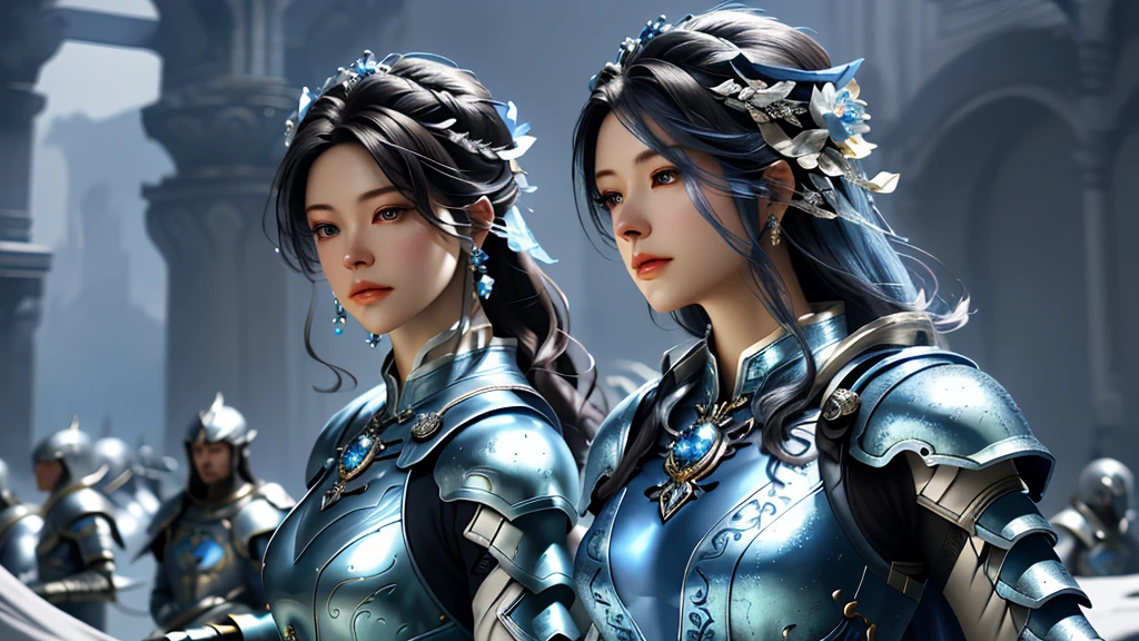 a close up of a woman in a silver and blue dress, chengwei pan on artstation, 灰蓝色头发, detailed fantasy art, stunning character art, fanart best artstation, epic exquisite character art, beautiful armor, extremely detailed artgerm, detailed digital anime art, artgerm on artstation pixiv, armor girl,
