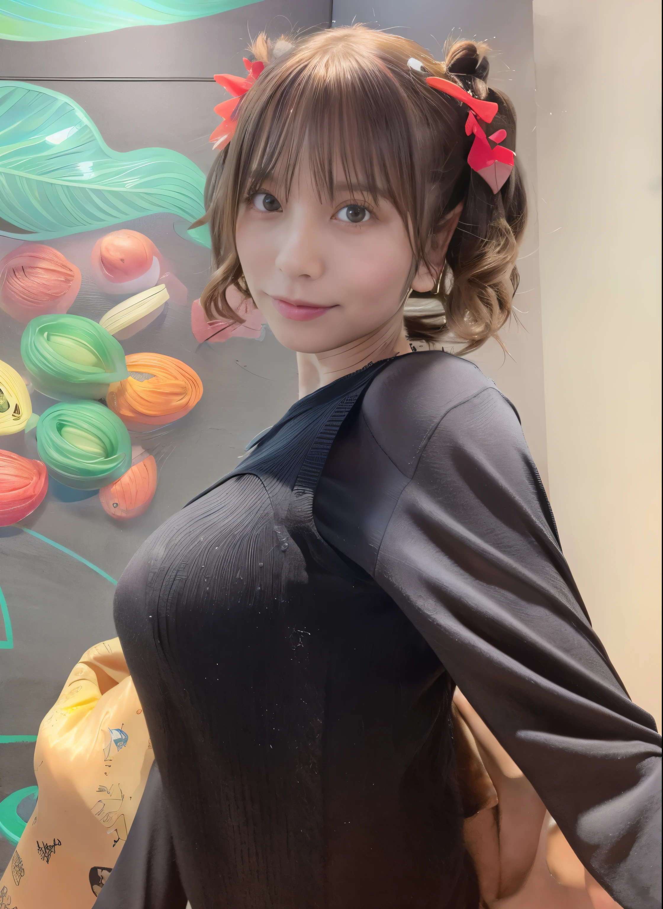 There is a woman posing in front of a painting.., Yoshitomo Nara, Chiho, trending on cgstation, sakimi chan, sakimichan, gorgeous young korean woman, beautiful japanese girl face, Cute girl - well-groomed face, Kurohime cut hair, neat hair with bangs, Shinsui Ito