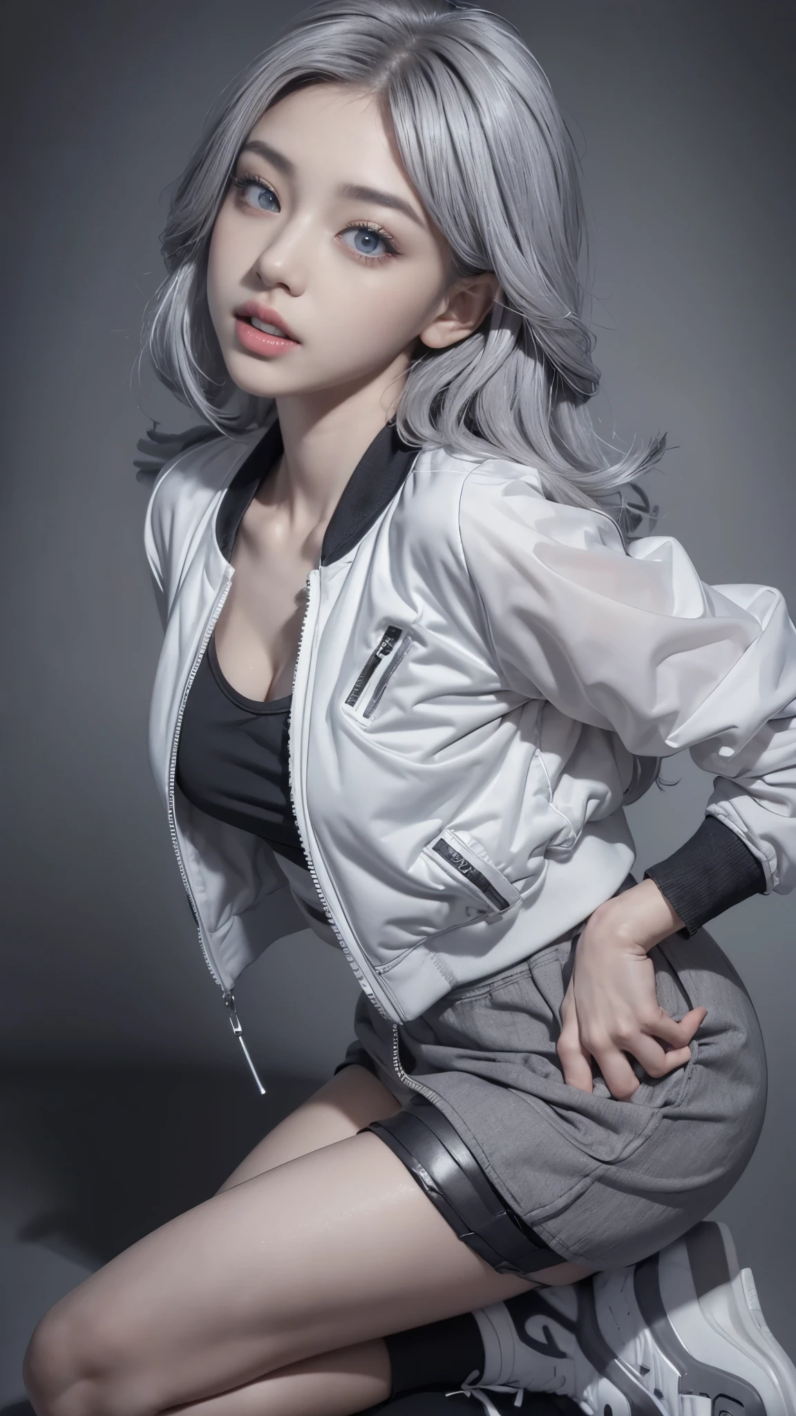 (anime:1.3), (all body shot, fashion portrait:1.6), ultra detailed, beautiful, masterpiece, best quality, _ BREAK (1girl:1.2), 22 years old, 160 cm, Japanese cute model, (Tightened all body, medium Breasts:1.4), small head, small face, diamond Face, small nose, Sharp Faceline, young hands and fingers, beautiful hands and fingers, five fingers, _ BREAK (Glossy Lips:1.3), (Light color lips, Half open mouth, beautiful Teeth:1.2), (dropy eyes, Double eyelid, light color eyes:1.4), _ BREAK (arranged hairstyle:1.3), (gray hair:1.3), _ BREAK (gray background:1.4), Fog, mist, _ BREAK (wide angle, all body shot:1.6), (standing:1.3), (cool beauty model posing:1.4), (from front white lightning), BREAK (ultra Soft fabric sporty and Cyber theme:1.6), (black and white theme:1.4), (training wear, Stacked up:1.3),(ultra Soft fabric oversize Bomber jacket:1.3), (Thick hi Collar:1.4), (Wide, short, baggy:1.4), (1/4 short Length:1.4), (Wide hem:1.4), (Close the zipper:1.35), BREAK (ultra Soft fabric:1.3), (hi Waist maximum skirt:1.5), (maximum Length skirt:1.5), (perfect and Detailed all body wear:1.2), (Cyber hi cut technical Sneaker:1.5),