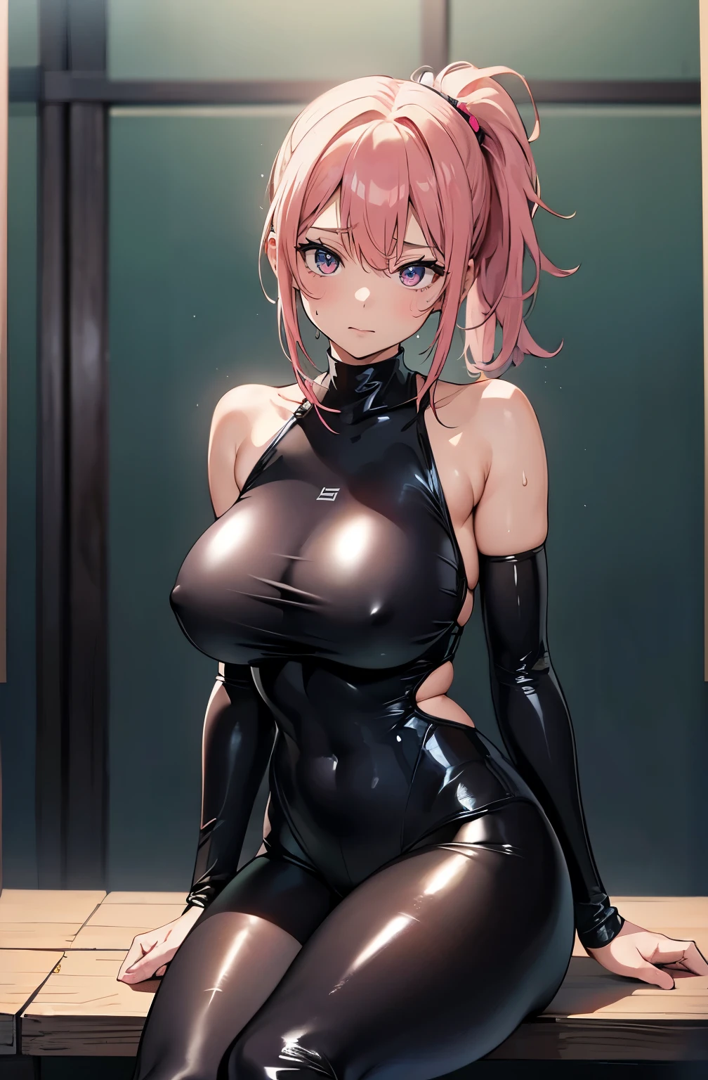 (masterpiece:1.2, best quality), actual, (real picture, intricate details, depth of field), Woman wearing black latex bodysuit sitting in jail, pink ponytail, Spandex Suit, 穿着tights, tights, lycra clothing, gorgeous lady, Sweat水4k, wet clothes, wearing a tight suit, Tight black jumpsuit, sporty, big deal breasts, big deal , 最big deal乳房, 巨big deal乳房, Thin waist, thick hips, hourglass figure, Pelvis big dealr than shoulder blades, Pelvis width, fitness model, red face, Sweat