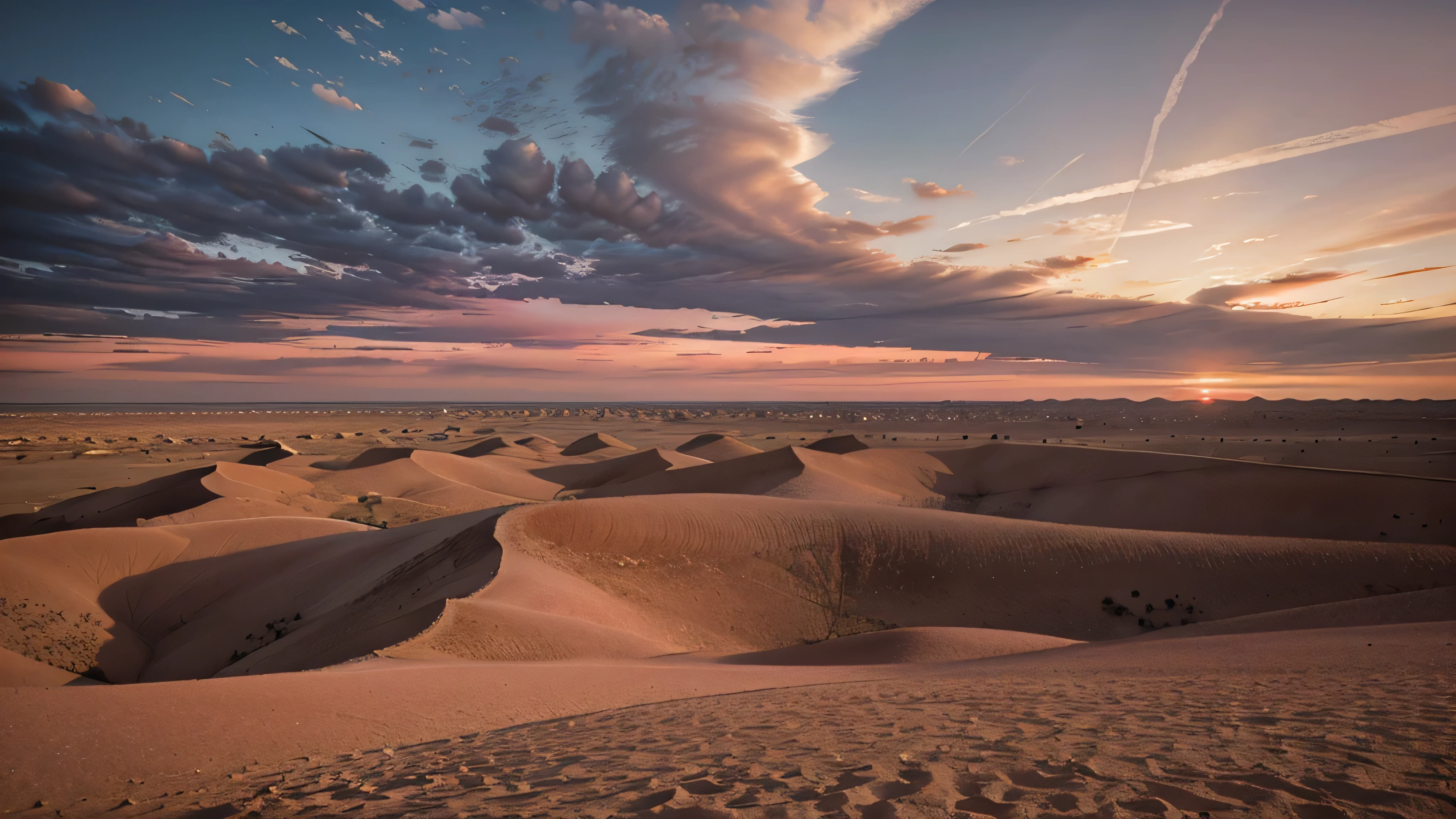 cloudy sky, pink sunrise over flat desert, landscape, flat desert
