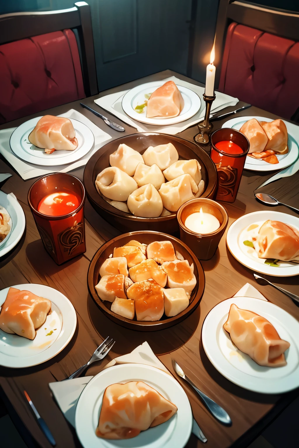 There are plates of dumplings on the table, Fish, meat dishes, glasses on red napkins next to the table, candlelight, 4k, overall plan, ultra quality