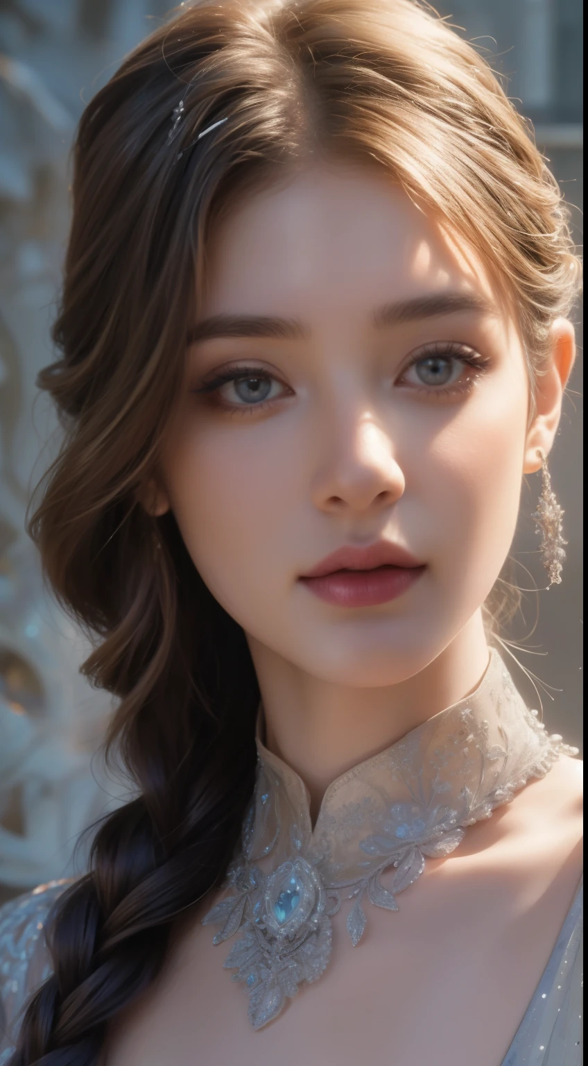 (best quality,highres,masterpiece:1.2)(realistic:1.37)(portrait)(royal lady,beautiful,breathtaking)(dynamic half-body portrait,animated representation)(detailed silver braids,elaborate braided hair)(clear blue mesmerizing eyes,beautiful detailed eyes)(hair adorned with intricate floral arrangement,ornate floral hairpiece)(crystal jewelry accentuating floral motifs,jeweled floral accessories)(ultra-detailed portrayal,extremely intricate and precise depiction)(upgraded lighting,soft and gentle illumination)