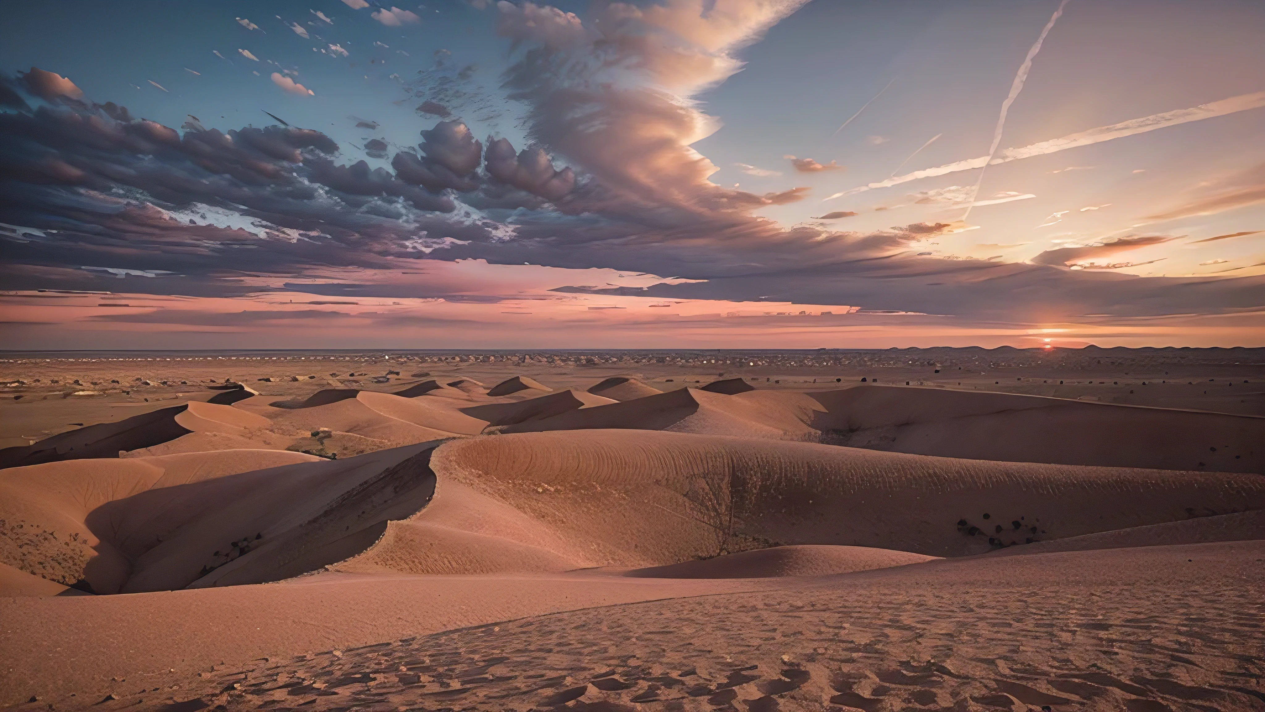 cloudy sky, pink sunrise over flat desert, landscape, flat desert