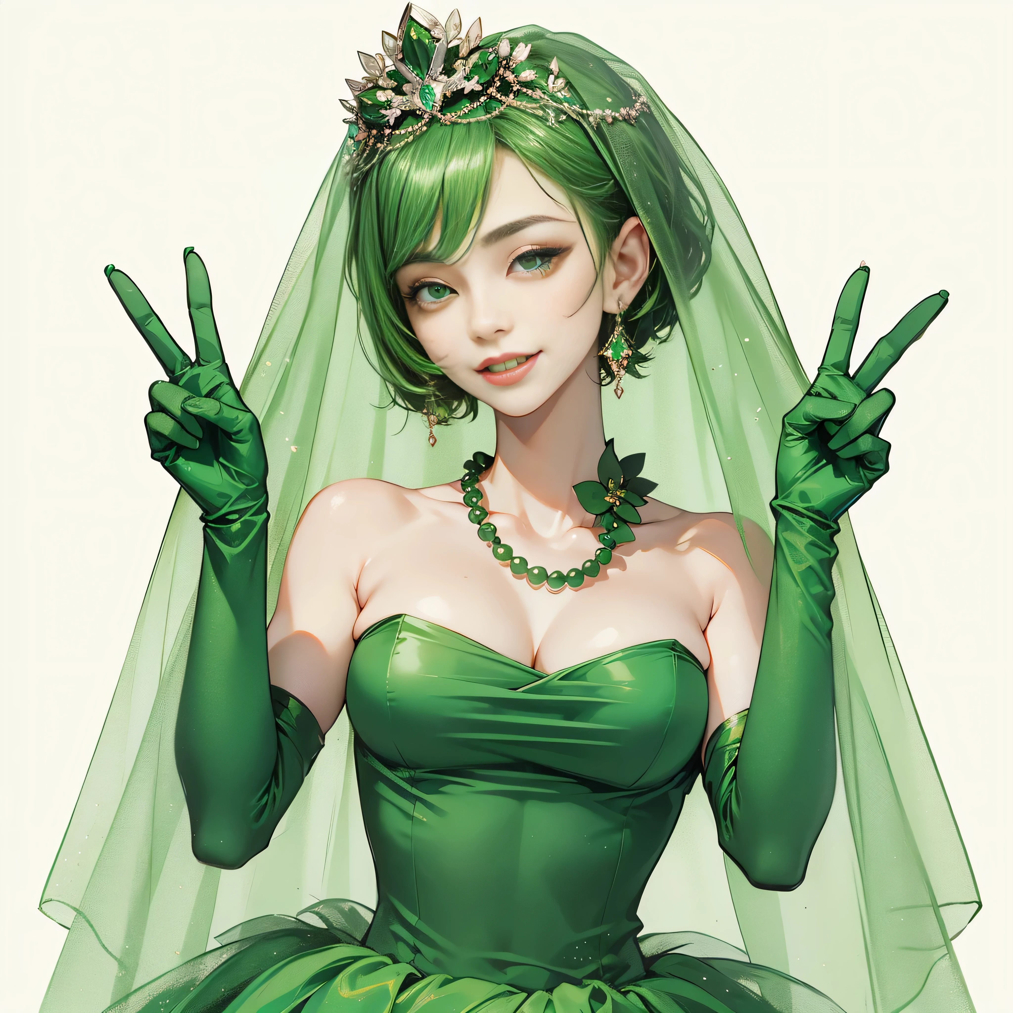 emerald tiara, green pearl necklace, boyish very short green hair, lipstick, smiling Japanese woman, very short hair, big breasts beautiful, green eyes, Long Green Satin Gloves, green eyes, V sign, emerald earrings, green veil, green lip gloss