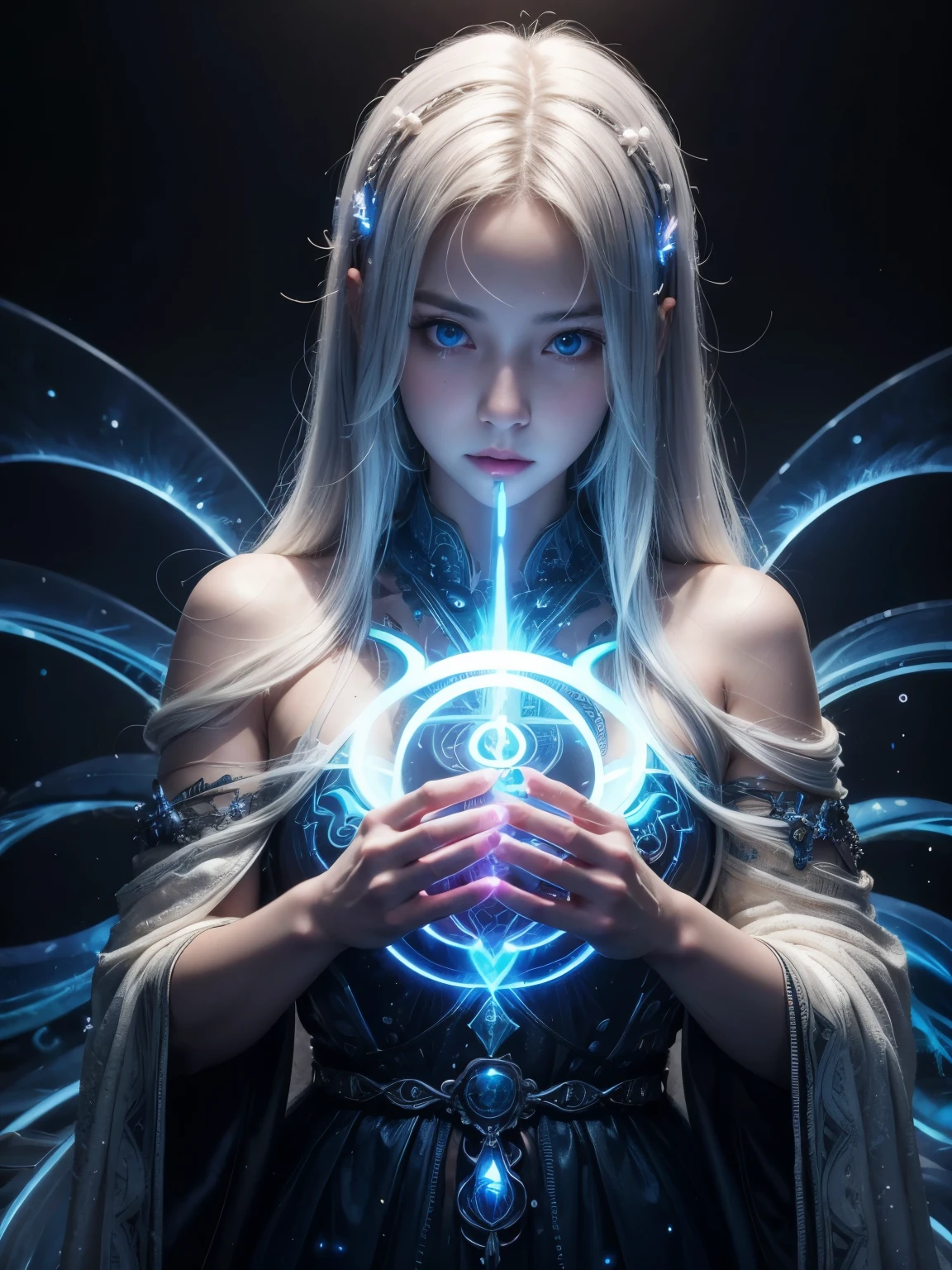 ((upper body)), best quality, masterpiece, a Japanese woman with ((Luminescence white hair)), ((detailed pearl blue eye)), high detailed goddess soul, focus on character, solo, (style swirl magic), solo, from front, front view, looking at viewer, detailed face, ((Luminescence Lighting Magic Circle theme)), perched on a ledge, tight neon body, light streaks, dark abyssal wanderer abstract, ((Simple Luminescence Neon Gown)), inscribed with mystical runes, outdoor dystopian background,