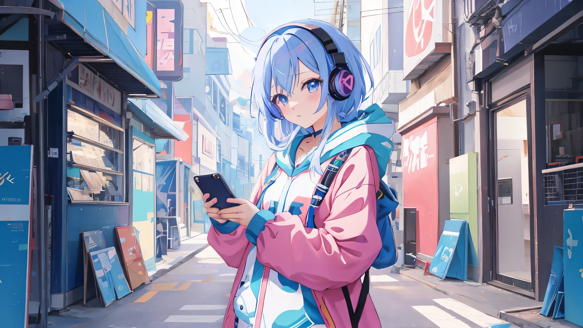 Anime girl wearing headphones and looking at mobile phone, anime style 4 k, Best Anime 4K Kona-chan Wallpaper, anime style. 8K, anime wallpaper 4k, anime wallpaper 4k, anime art wallpaper 4k, anime art wallpaper 4k, anime art wallpaper 8k, lofi girl, anime moe art style, High quality anime art style,profile