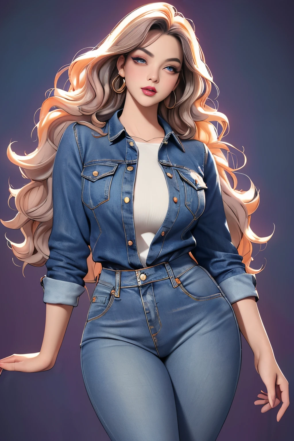 (full-length:1.1,detailed:1.1),mature curvy lady in jeans,arty,highres,realistic style,rich colors,vibrant background,soft lighting,expressive eyes,detailed lips,wavy hair,bold makeup,fashionable outfit,confident posture,feminine charm,striking pose,positive energy