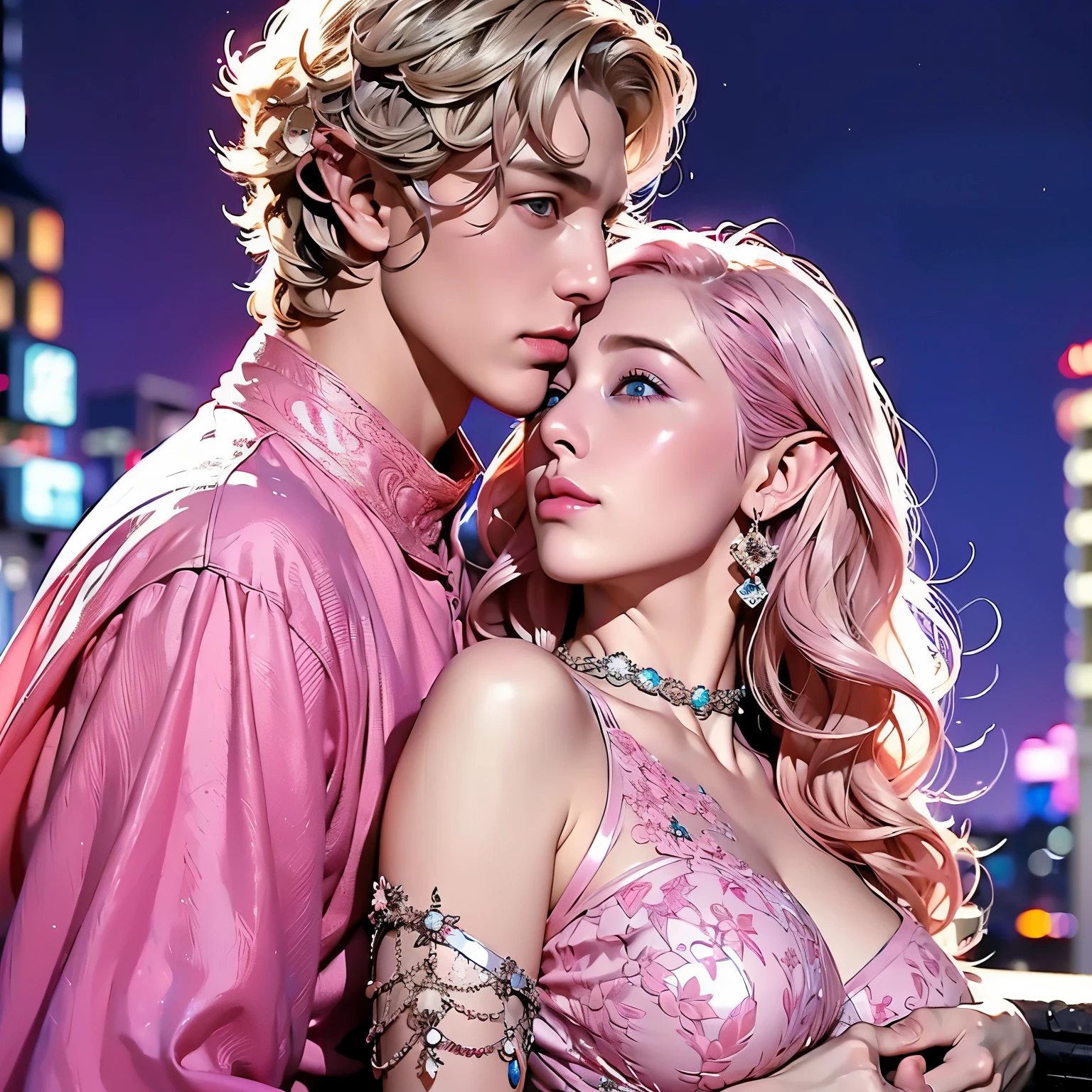  ((man, male, young, boy, short hair, blonde hair, man near woman)) woman, curly hair and long pink hair, blue eyes Pink hair woman ,) two people a man and a woman) City (( Woman with pink hair and elf ears only the woman)) Woman with all pink hair