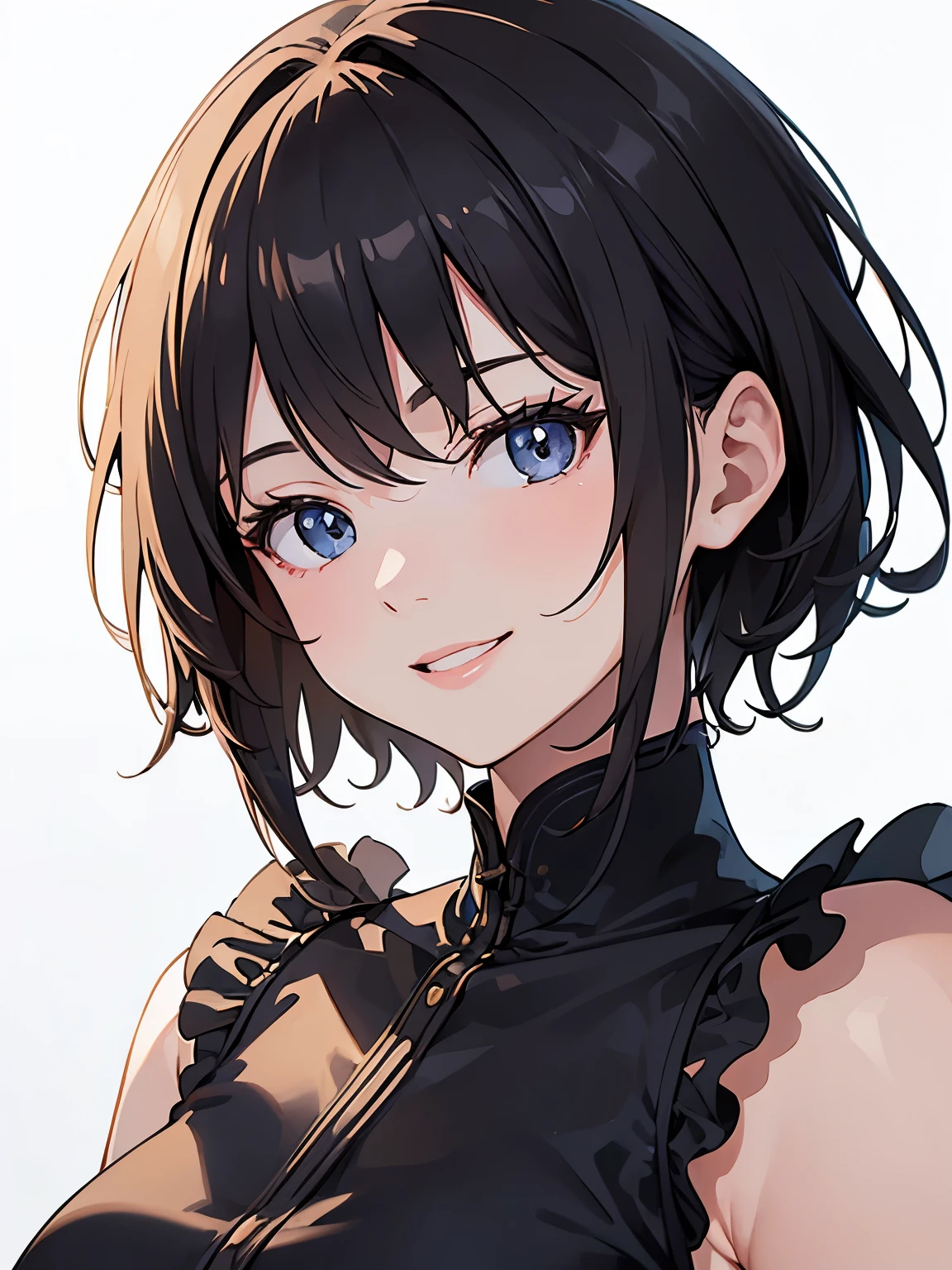 ((masterpiece, best quality))1girl, adult girl, short hair, idol uniform, photo shoot, portrait, white background, stylish, smile, natural, realistic shadows and light, very detailed