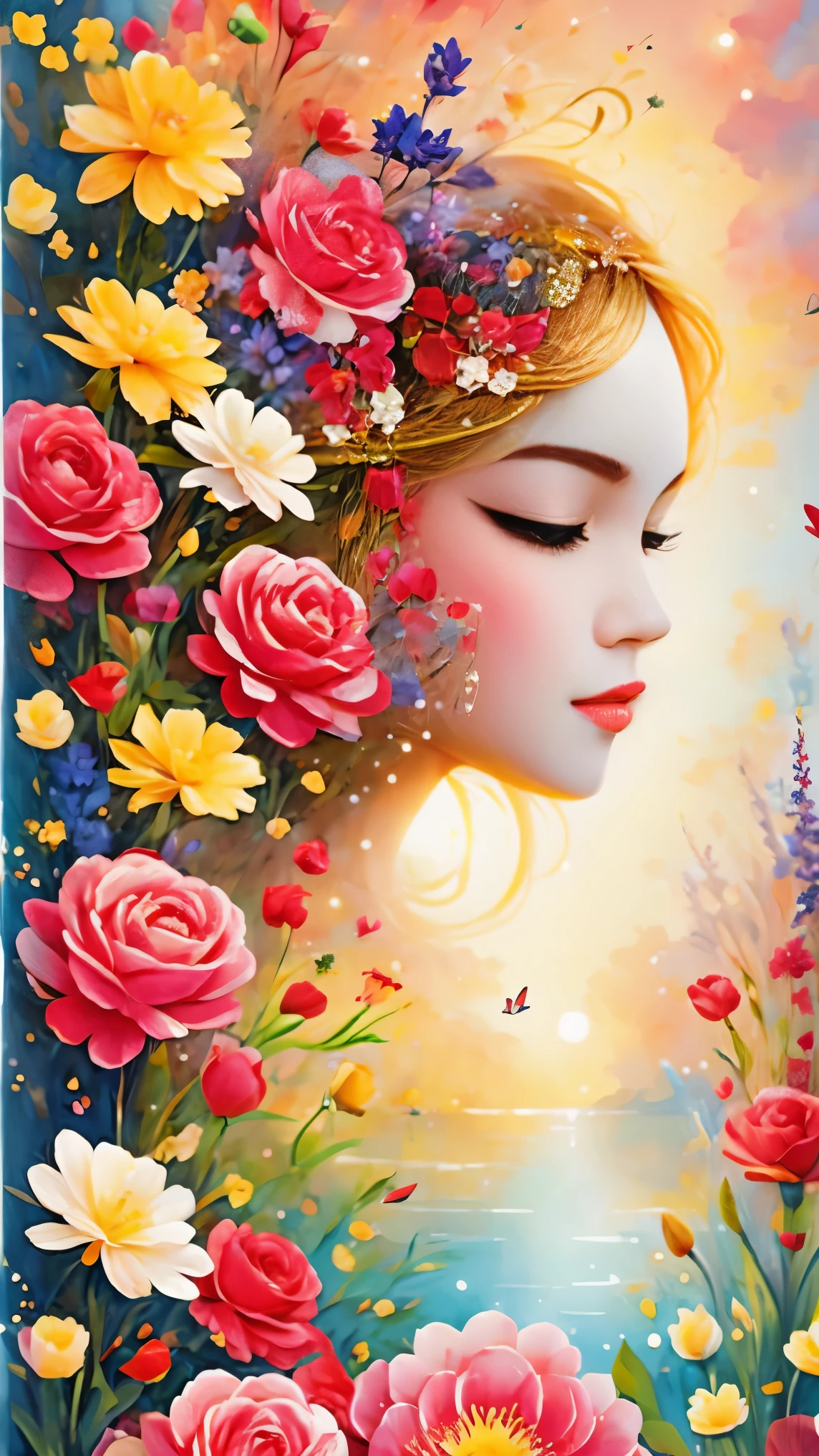 (masterpiece, best quality:1.2), greeting card design,soft space,I Love you,Sky,love