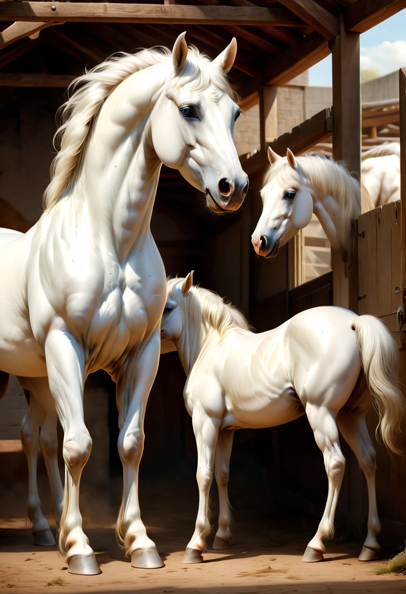 an old white horse and a young white horse living in the stable, (best quality, masterpiece, Representative work, official art, Professional, Ultra high detail, 8k)
