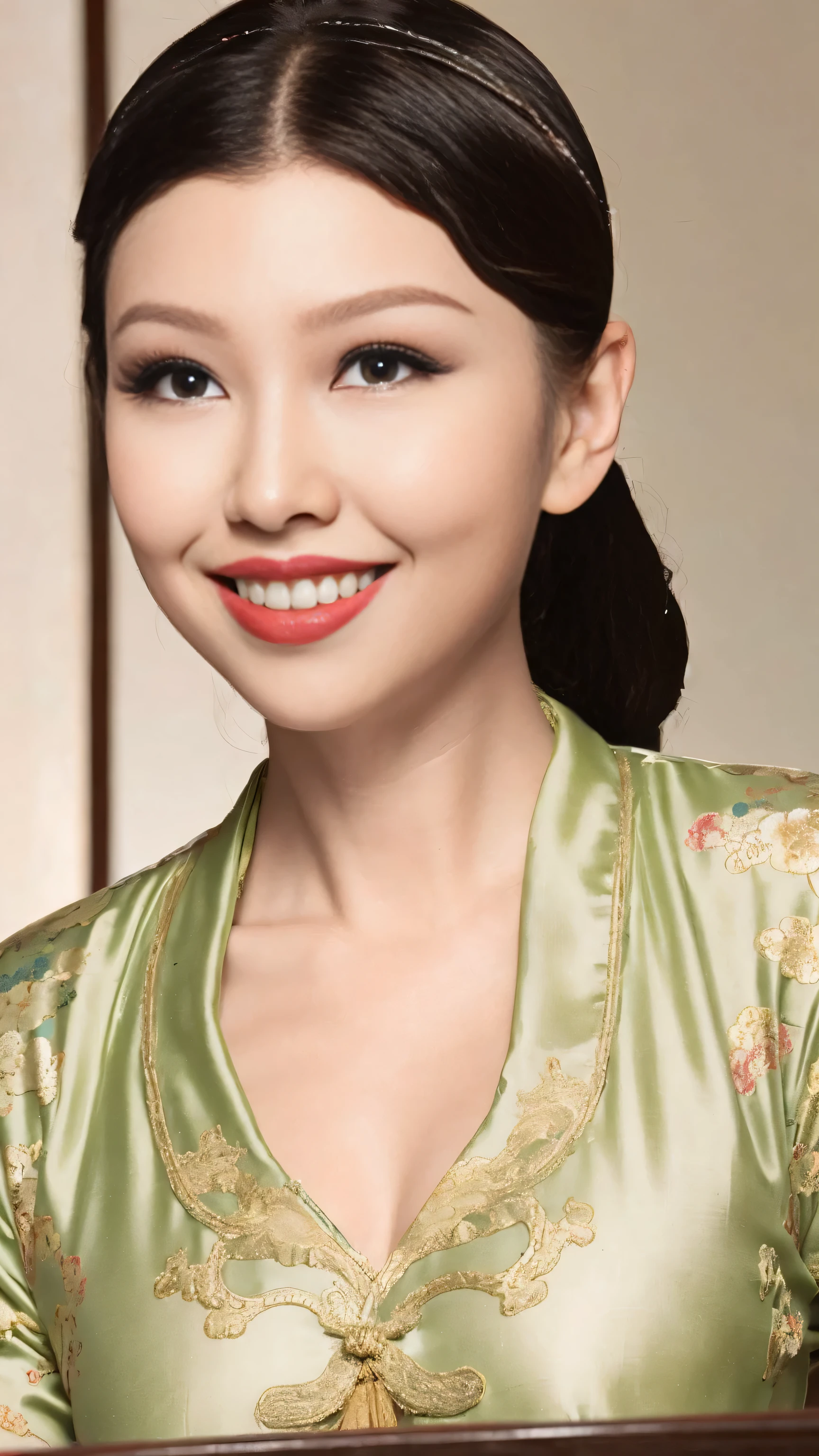 a mature actress, long hair，gravure printing, bright environment, (((sharpen))), Surrealism, {{{on the table}}}, {{{best quality}}}, {{super detailed}}, {{extremely delicate and beautiful}}, Eyes are moist, Very detailed, ((natural skin color)), fancy makeup, red lipstick, ((milf)), milf, ((on the table)), top quality, High level of image quality,16k, (The focus is on the chest), (a sexy girl), ((staring at this)),(((ancient chinese clothing)))，(((Chinese hairstyle)))，(((The background is ancient Chinese interior decoration)))，((Smile))，