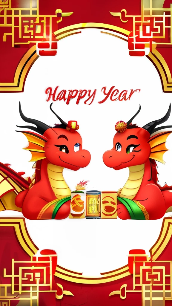 New Year Congratulations Pictures，A Chinese dragon holds a Spring Festival couplet in both hands，smile for camera，cute、Cartoon style，Chinese style，Theme color red
