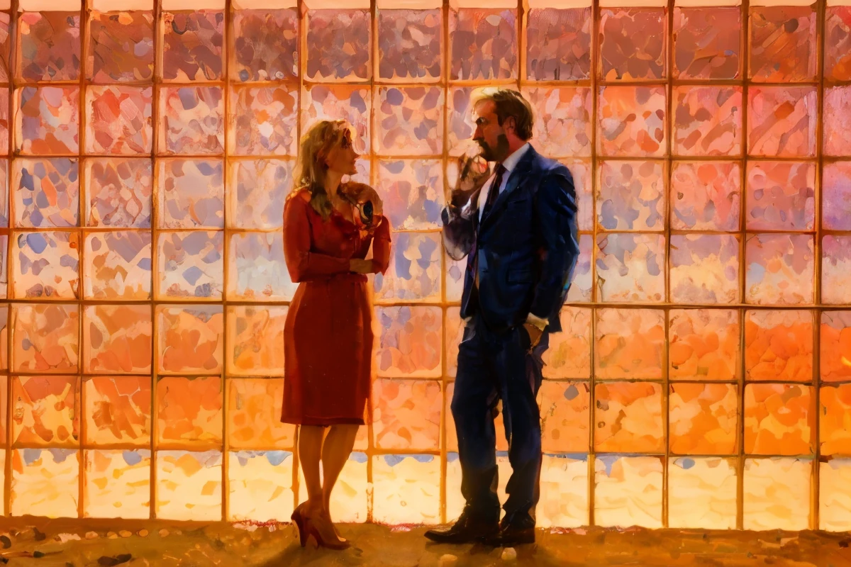 there are two people standing in front of a glass wall, kim wexler and saul goodman, still from better call saul, perfectly lit. movie still, high quality film still, promo still, backlit, photoshoot, film promotional still, better call saul scene 1 0 8 0 p, promotional still, movie film still, high quality movie still, hq ”, promo shot