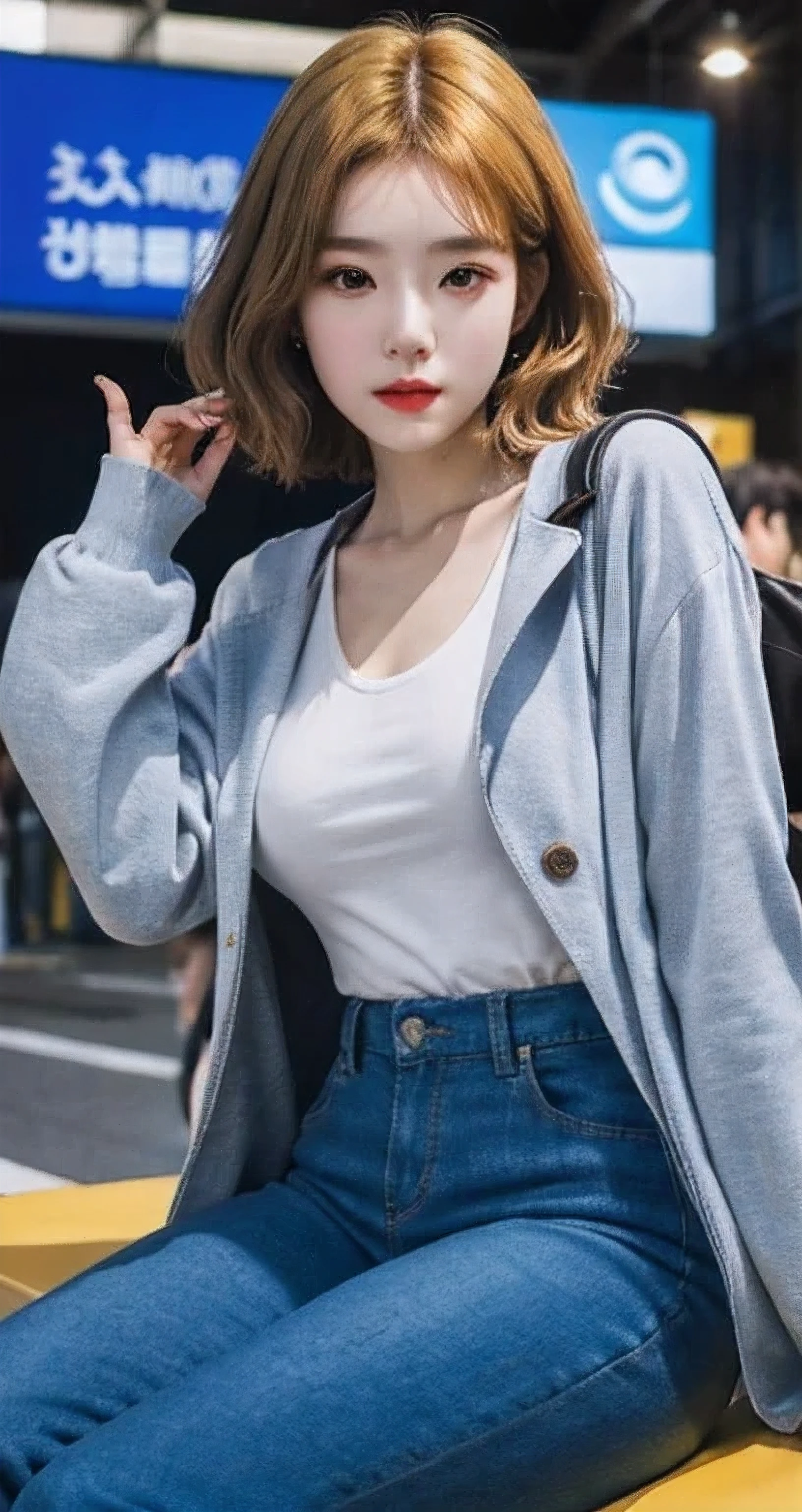 Best Quality Detail:1.2,  realisitic, 8K UHD, hight resolution, 1girl in:1.2, The ultra-detailliert, High quality textures, intricate detailes, detaileds, Very detailed CG, High quality shadows, Detail Beautiful delicate face, Detail Beautiful delicate eyes, depth of fields, Ray traching, masterpiece, best quality,ulzzang -6500-v1.1:0.6, pureerosface_v1,  Pretty korean Girl, Korean Urzan Face:1.1, milf, 28 year old woman,short neon yellow hair,shiny_skin,thin_waist,gigantic breasts,wearing a oversize jaket and cargo pants, 4K, 8K UHD Full Color RAW Photos, Fuji Film(Medium format:1.2), Hasselblad:1.2, Carl zeiss:1.1, Incredible dynamic range photography(UTIL_Art by Smoose-768:1.1), hight resolution, High pixel count, clear details, crisp image, Natural color reproduction, Noise Reduction, High fidelity, qulity, Software Improvements, Upscaling, Optimized algorithms, Pro-level retouching,crowd:1.1,depth of field,looking at viewer,random pose sitting at the tokyo train station background,random pose sitting at the tokyo train station