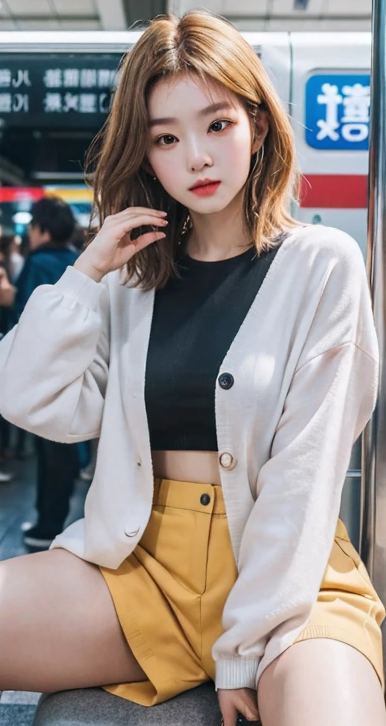 ((masuter piece)), ((top-quality)), (super detailing), ((High Detail)), 4K, (8K), Top image quality, (Beautiful fece), photos realistic, absurderes, Dating style, Pink hair、short-hair、耳Nipple Ring、Large outerwear, Black miniskirt, Satisfied look, Natural beautiful light, Pretty beautiful woman、cafes、sit a chair