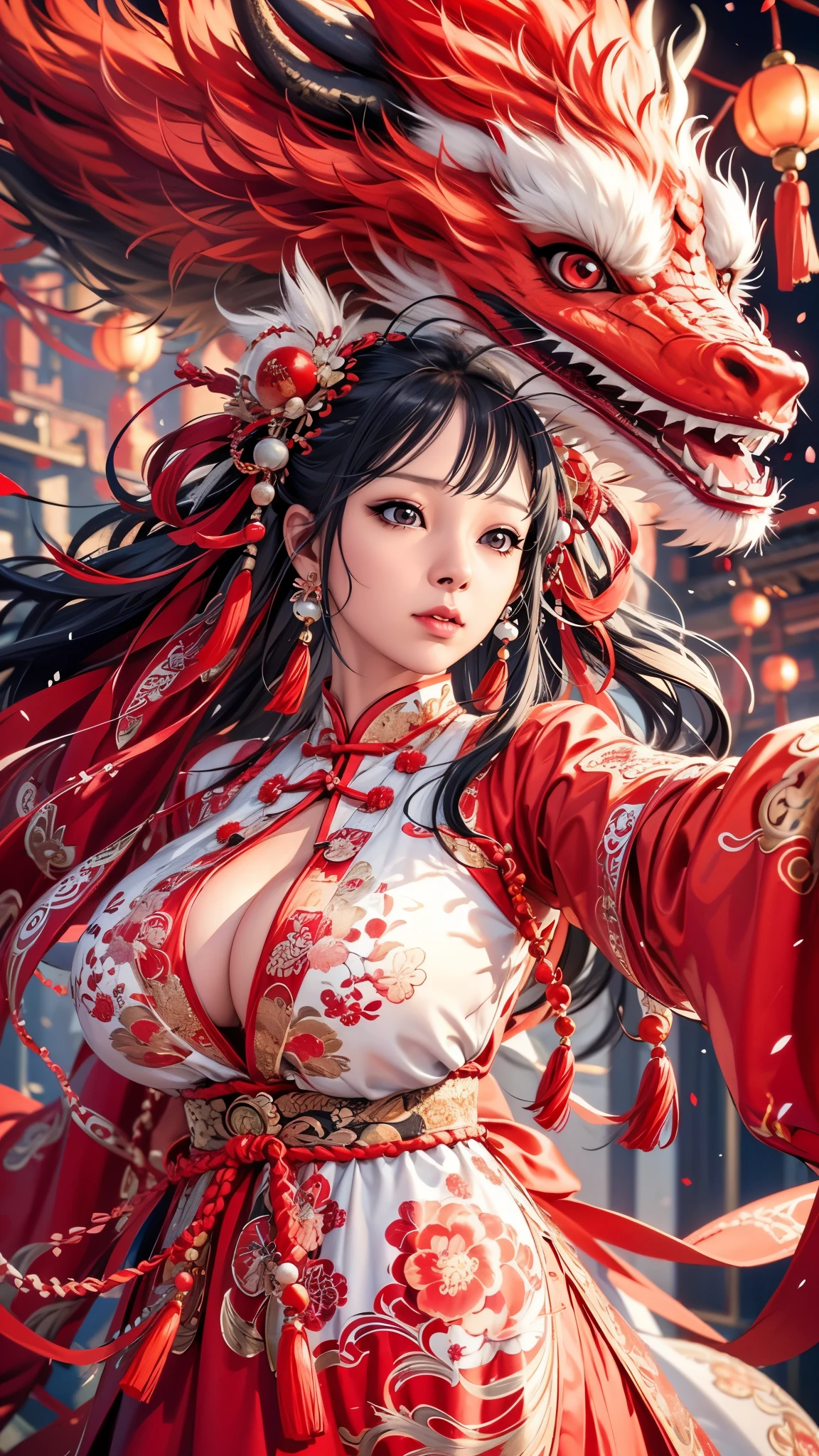 （（（完美figure，figure，red hanfu，Winter Hanfu，Chinese clothes,red clothes，red background,dragon，(Chinese fabric:1.2), hanfu， Dragon and girl，dragon帽兜，xuer lion head,Dragon，long hair，black hair，hair accessories，Chinese clothing，lantern，Oriental Dragon,（（（ailisha，Brown pupils，1girl，solo，long black hair，Exposing bangs ））），（（（wide hips））），S型figure:1.7））），((masterpiece)),high resolution, ((Best quality at best))，masterpiece，quality，Best quality，（（（ Exquisite facial features，looking at the audience,There is light in the eyes，blush，shy，Happy，laughing out loud））），（（（Light and shadow interlace，huge ））），（（（looking into camera，坐在dragon上）））