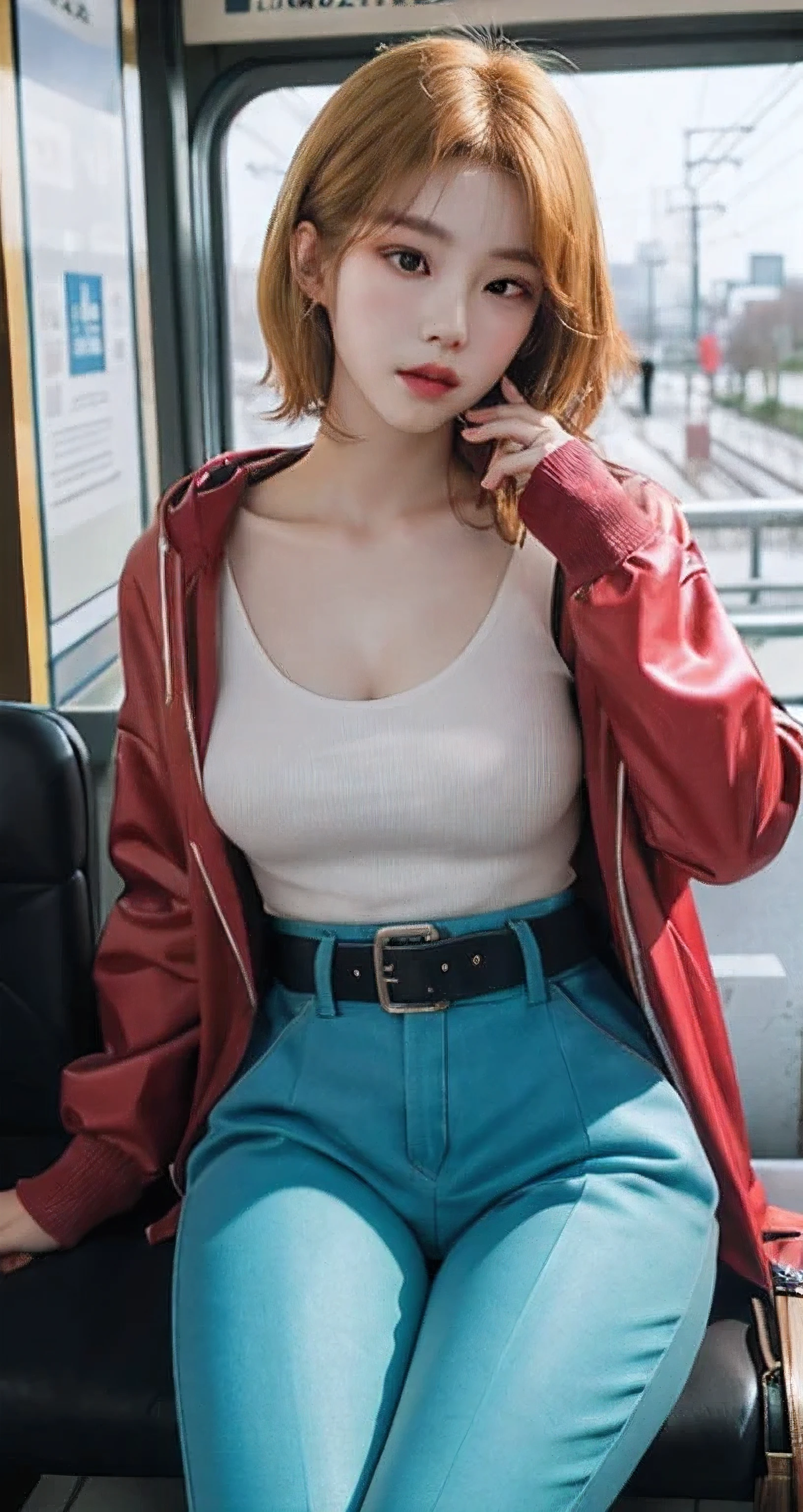 Best Quality Detail:1.2,  realisitic, 8K UHD, hight resolution, 1girl in:1.2, The ultra-detailliert, High quality textures, intricate detailes, detaileds, Very detailed CG, High quality shadows, Detail Beautiful delicate face, Detail Beautiful delicate eyes, depth of fields, Ray traching, masterpiece, best quality,ulzzang -6500-v1.1:0.6, pureerosface_v1,  Pretty korean Girl, Korean Urzan Face:1.1, milf, 28 year old woman,short neon yellow hair,shiny_skin,thin_waist,gigantic breasts,wearing a oversize jaket and cargo pants, 4K, 8K UHD Full Color RAW Photos, Fuji Film(Medium format:1.2), Hasselblad:1.2, Carl zeiss:1.1, Incredible dynamic range photography(UTIL_Art by Smoose-768:1.1), hight resolution, High pixel count, clear details, crisp image, Natural color reproduction, Noise Reduction, High fidelity, qulity, Software Improvements, Upscaling, Optimized algorithms, Pro-level retouching,crowd:1.1,depth of field,looking at viewer,random pose sitting at the tokyo train background,random pose sitting at the tokyo train