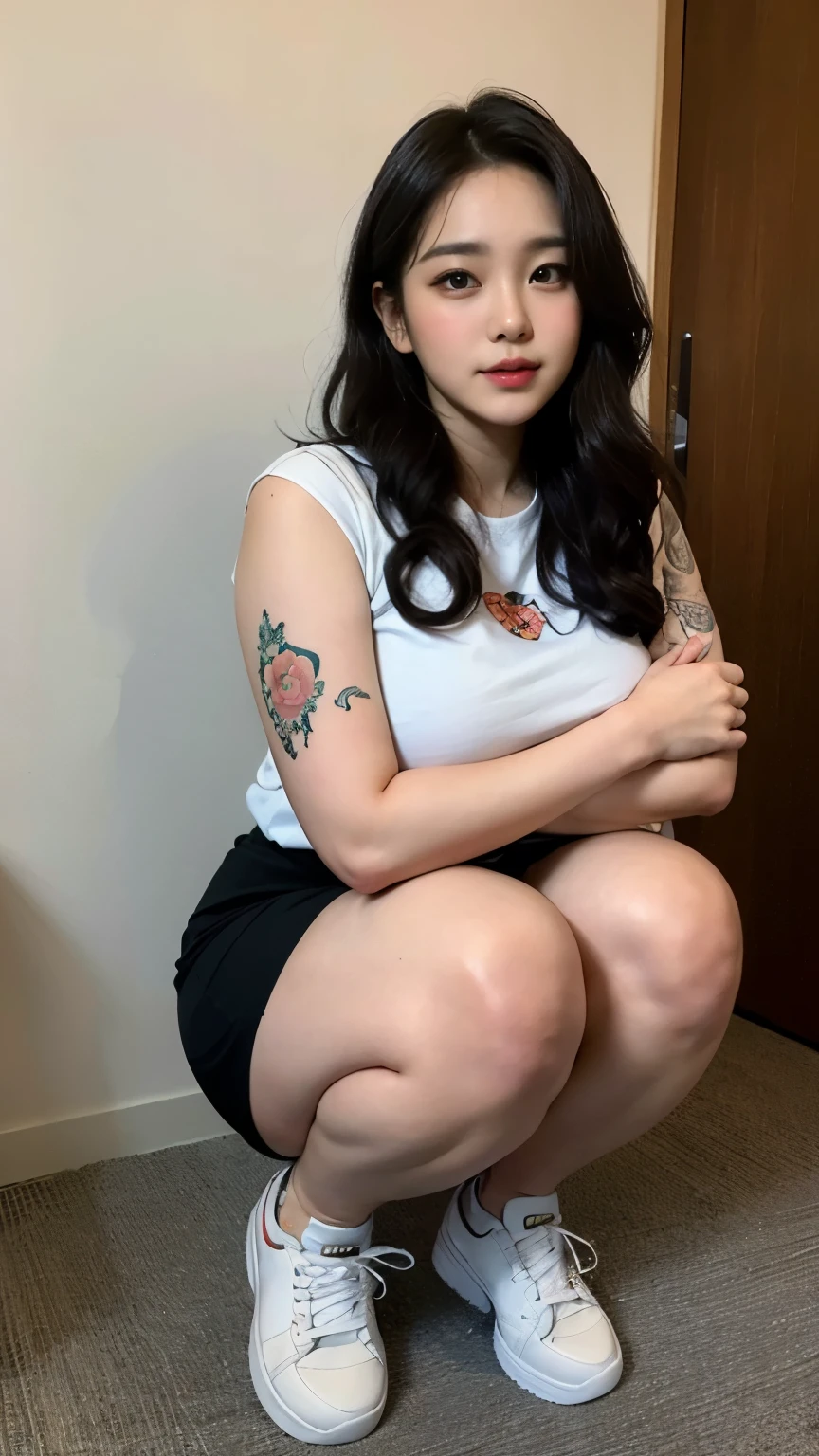 ((best quality)), ((masterpiece)), (detailed), perfect face, ((best quality)), ((masterpiece)), (detailed), perfect face, wanita chubby dewasa, wearing thight dress and thight skirt, chubby cheeks, chubby arm, chubby thighs, big breasts, wearing a sneakers, medium hair style, full body photoshoot, tattooed body 