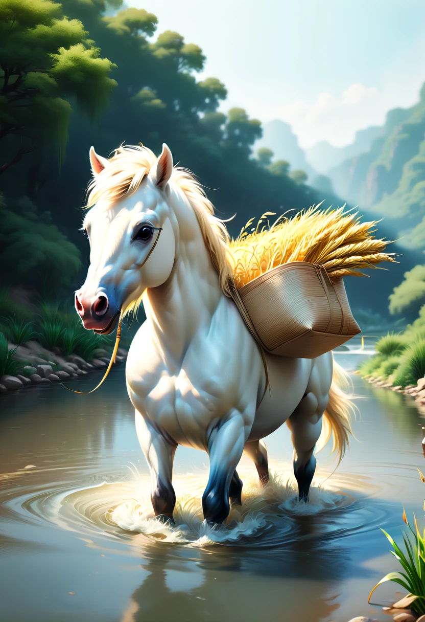 an old white horse and a young white horse living in the stable, (best quality, masterpiece, Representative work, official art, Professional, Ultra high detail, 8k)
