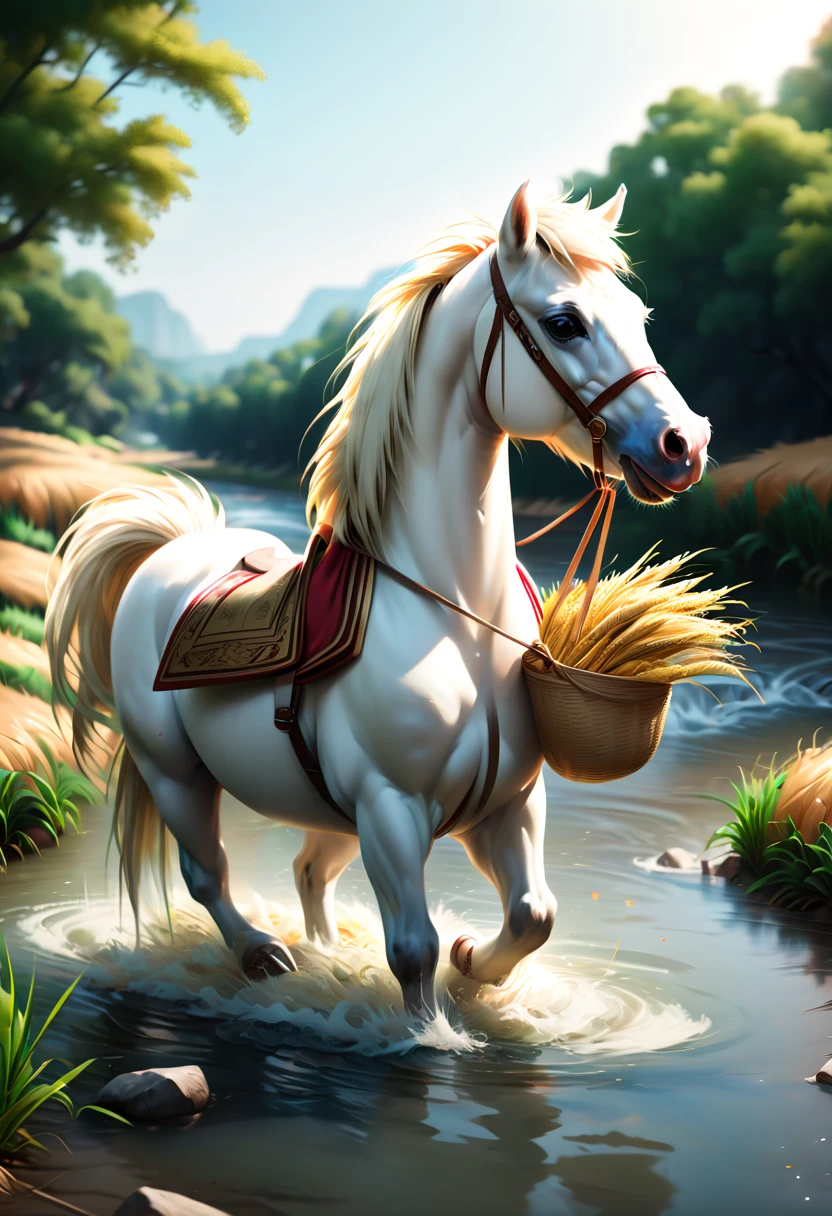 (a short white pony) carrying half a bag of wheat stand in a long river, no_human, (best quality, masterpiece, Representative work, official art, Professional, Ultra high detail, 8k:1.3)
