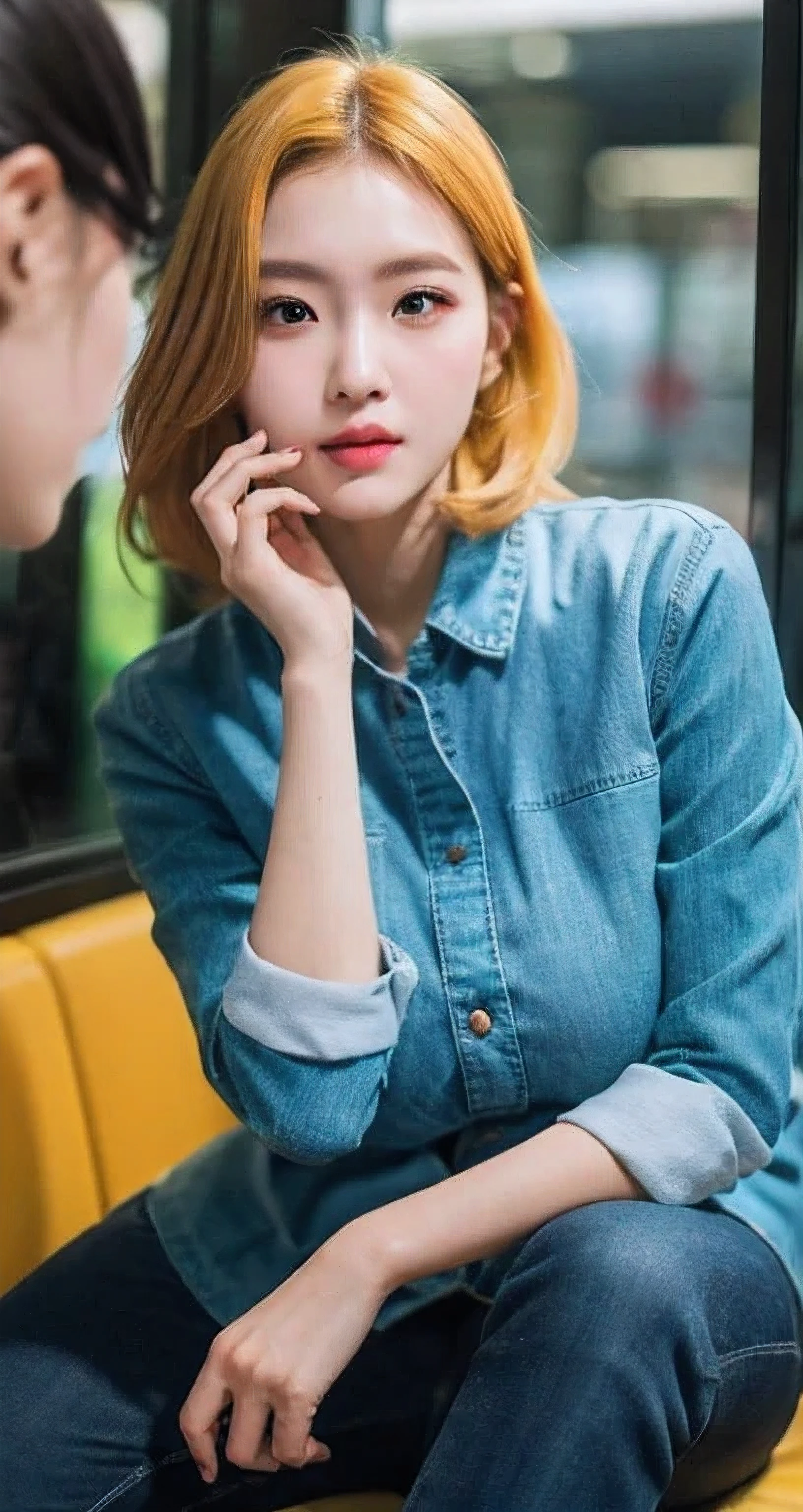 Best Quality Detail:1.2, realisitic, 8K UHD, hight resolution, 1girl in:1.2, The ultra-detailliert, High quality textures, intricate detailes, detaileds, Very detailed CG, High quality shadows, Detail Beautiful delicate face, Detail Beautiful delicate eyes, depth of fields, Ray traching, masterpiece, best quality,ulzzang -6500-v1.1:0.6, pureerosface_v1, Pretty korean Girl, Korean Urzan Face:1.1, milf, 28 year old woman,short neon yellow hair,shiny_skin,thin_waist,gigantic breasts,wearing a oversize jaket and cargo pants, 4K, 8K UHD Full Color RAW Photos, Fuji Film(Medium format:1.2), Hasselblad:1.2, Carl zeiss:1.1, Incredible dynamic range photography(UTIL_Art by Smoose-768:1.1), hight resolution, High pixel count, clear details, crisp image, Natural color reproduction, Noise Reduction, High fidelity, qulity, Software Improvements, Upscaling, Optimized algorithms, Pro-level retouching,crowd:1.1,depth of field,looking at viewer,random pose sitting at the tokyo train background,random pose sitting at the tokyo train