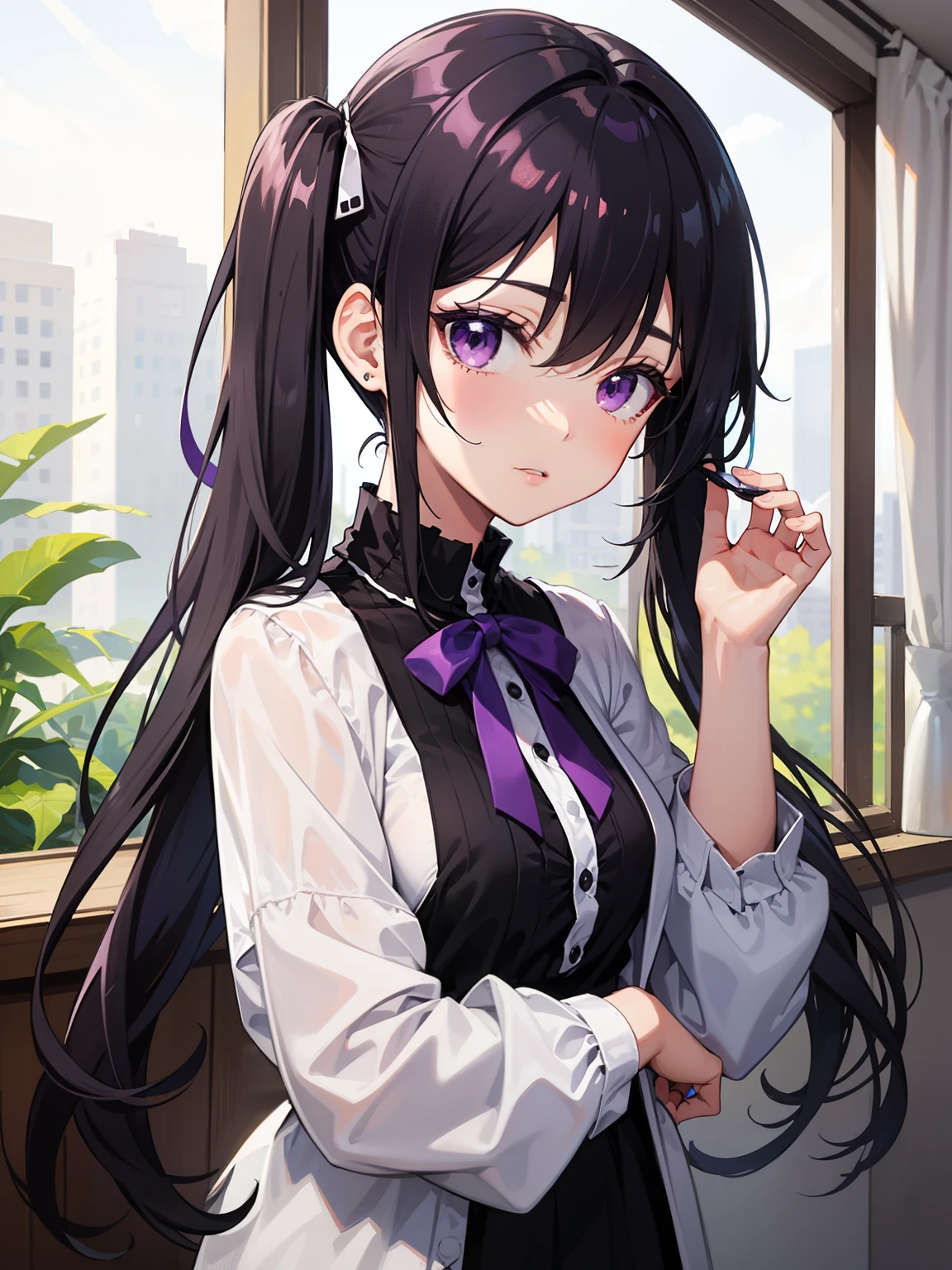 A teen girl with black long twintail hair,purple eyes,wear a big purple ribbon behind her hair