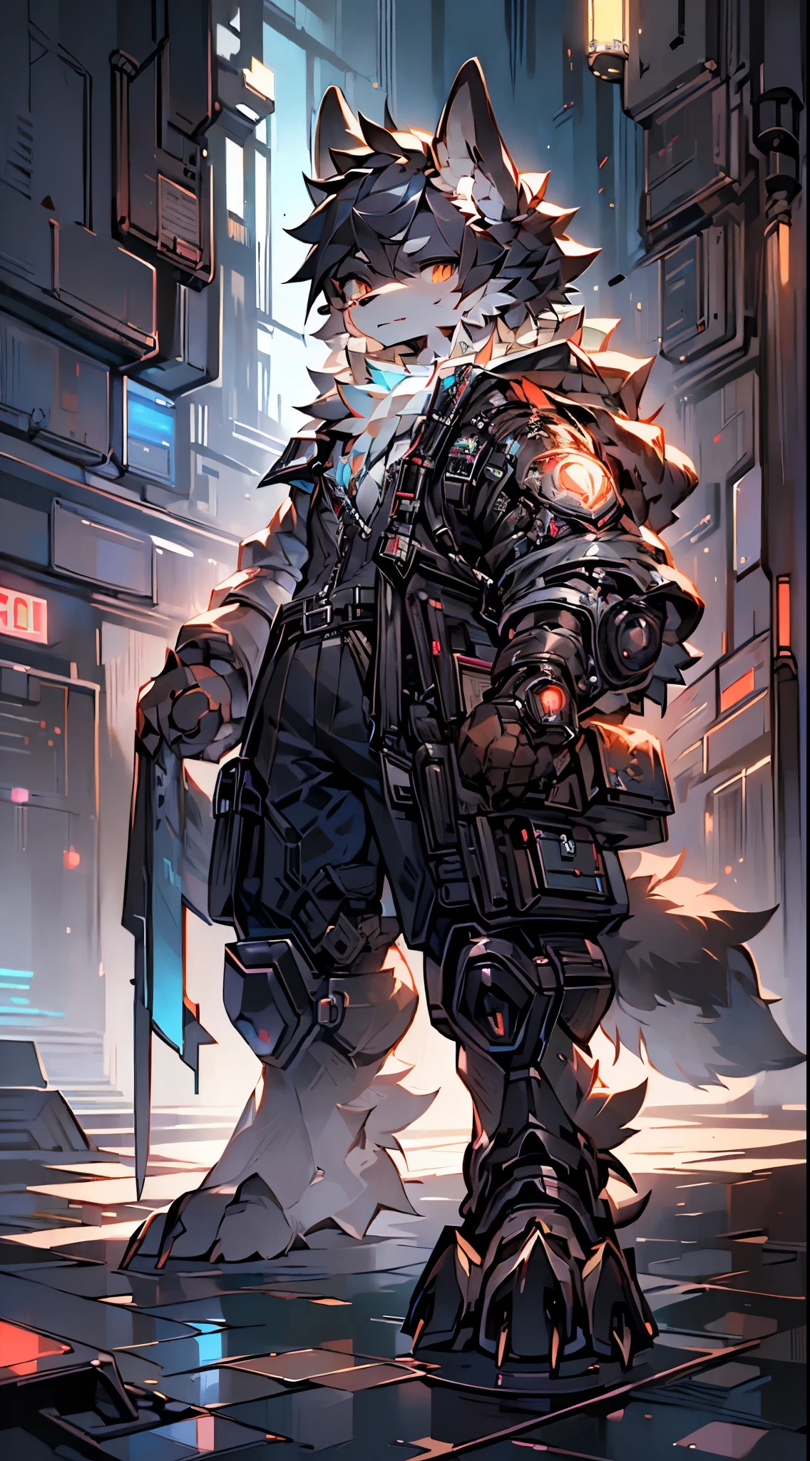 (best quality,4K,8k,high resolution,masterpiece:1.2),Super detailed,actual,photoactual:1.37,Werewolf with prosthetics cyberpunk style actual scan, HD Surrealism combat Explanation: 1. (best quality,4K,8k,high resolution,masterpiece:1.2): A high-quality standard used to express the generated image。 2. Super detailed: Describing images needs to be very detailed,Show details clearly。 3. actual,photoactual:1.37: Description Generated images need to appear actual and photo-like。 4. Werewolf with prosthetics: Werewolves and prosthetics,This is the subject of the picture。Describe a mechanized werewolf,Features of prosthetics。 5. cyberpunk style: cyberpunk style,The artistic style used to describe the image。 6. HD Surrealism combat: Description picture hd、Surrealism、battle scene。