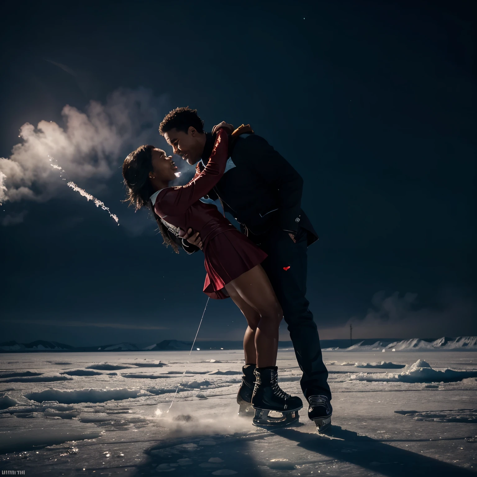 A stunning cinematic scene of a Black couple gracefully gliding across the ice, their hands intertwined as they share a moment of pure joy. The ice is covered in heart shapes, a symbol of their love, while red and blue smoke flares in the sky add a touch of magic to the already enchanting scene. The ultra HD quality captures every detail, making it feel like you're right there on the ice with them. Cinematic scene, 32k, ultra HD, artgerm style, unreal engine rendered.