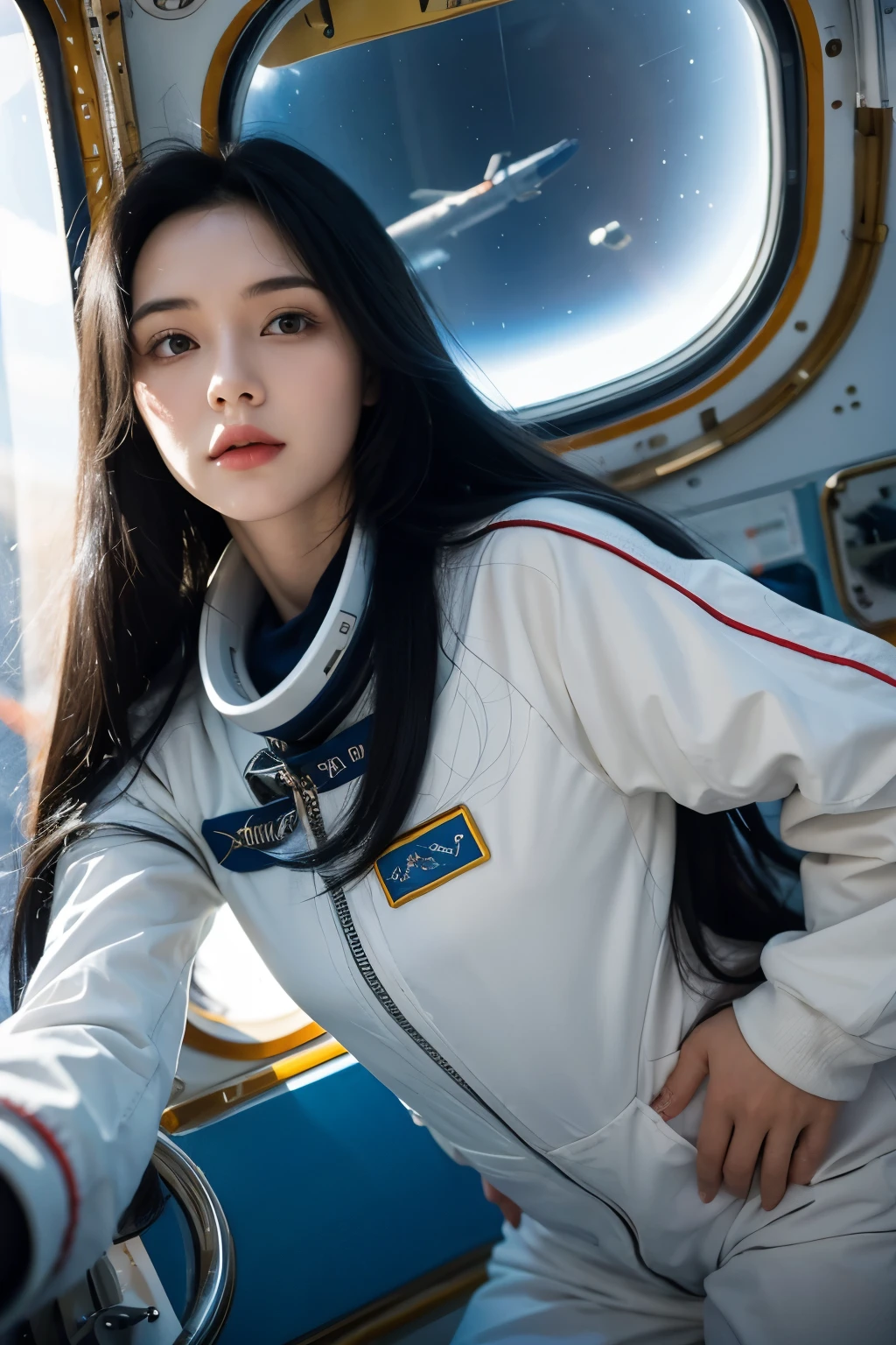 Girl with long black hair , without a spacesuit in cosmonaut clothes flies in space