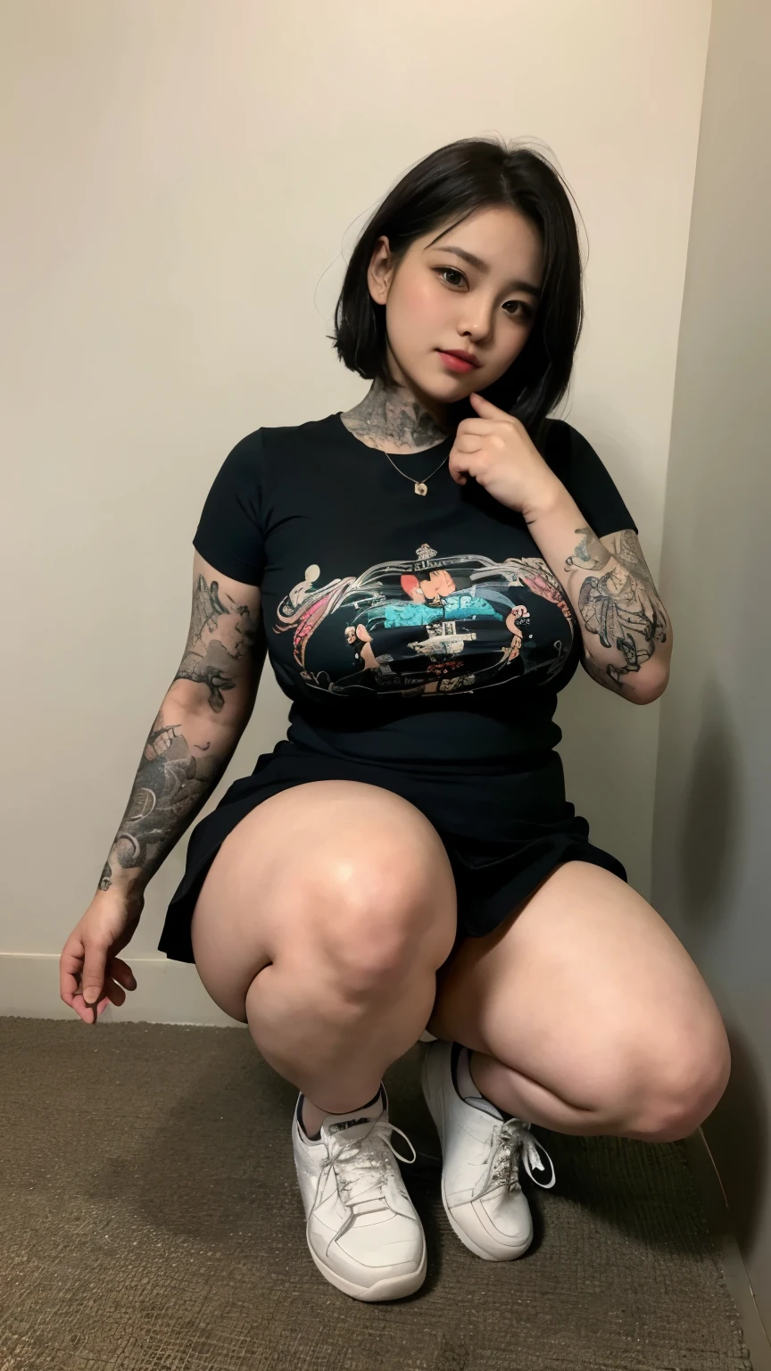 ((best quality)), ((masterpiece)), (detailed), perfect face, ((best quality)), ((masterpiece)), (detailed), perfect face, wanita chubby dewasa, wearing thight dress and thight skirt, chubby cheeks, chubby arm, chubby thighs, big breasts, wearing a sneakers, medium hair style, full body photoshoot, tattooed body , random pose in a dark room , tattooed all over hands
