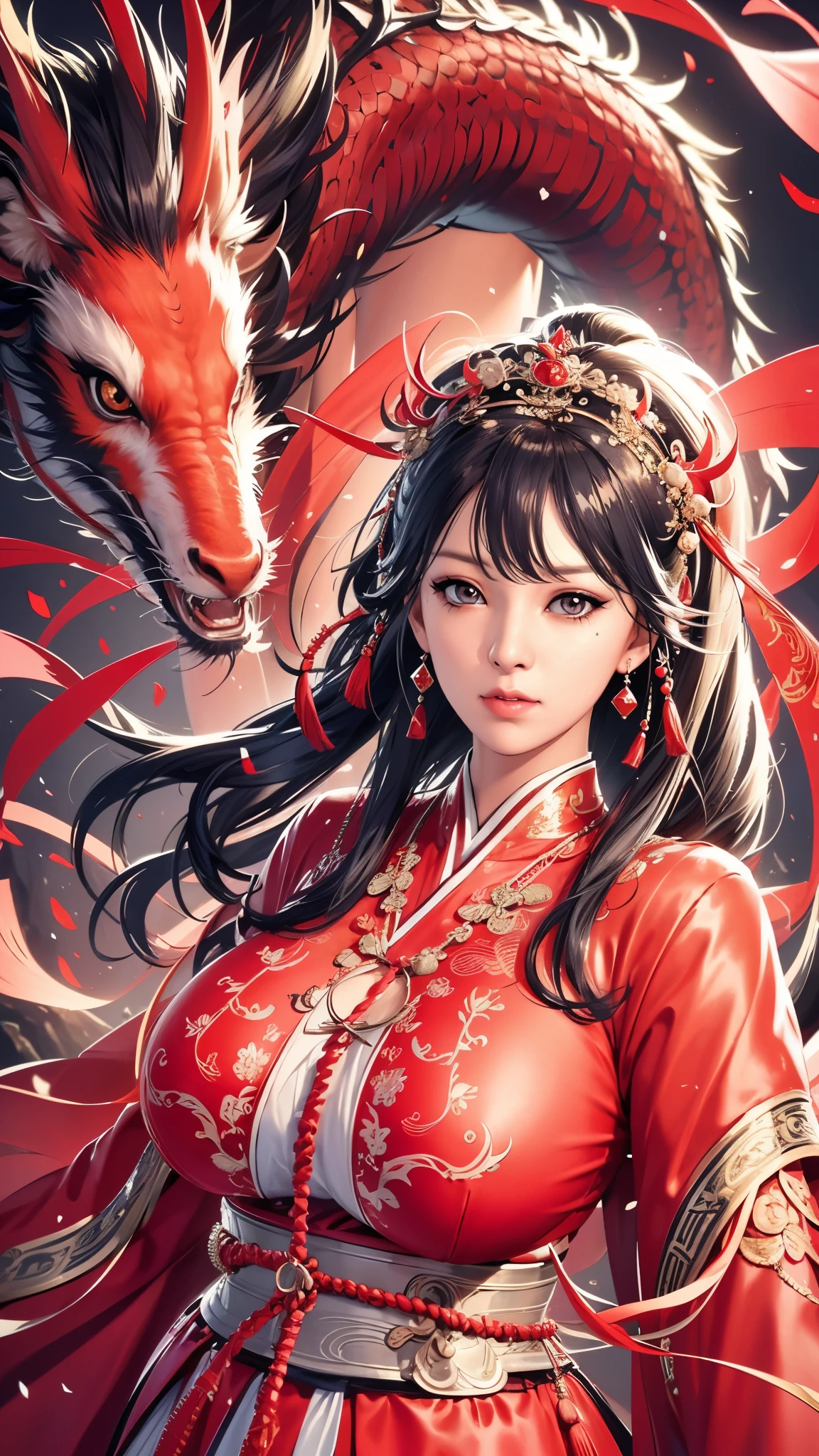 （（（完美figure，figure，red hanfu，Winter Hanfu，Chinese clothes,red clothes，red background,dragon，(Chinese fabric:1.2), hanfu， Dragon and girl，dragon帽兜，xuer lion head,Dragon，long hair，black hair，hair accessories，Chinese clothing，lantern，Oriental Dragon,（（（ailisha，Brown pupils，1girl，solo，long black hair，Exposing bangs ））），（（（wide hips））），S型figure:1.7））），((masterpiece)),high resolution, ((Best quality at best))，masterpiece，quality，Best quality，（（（ Exquisite facial features，looking at the audience,There is light in the eyes，blush，shy，Happy，laughing out loud））），（（（Light and shadow interlace，huge ））），（（（looking into camera，坐在dragon上）））