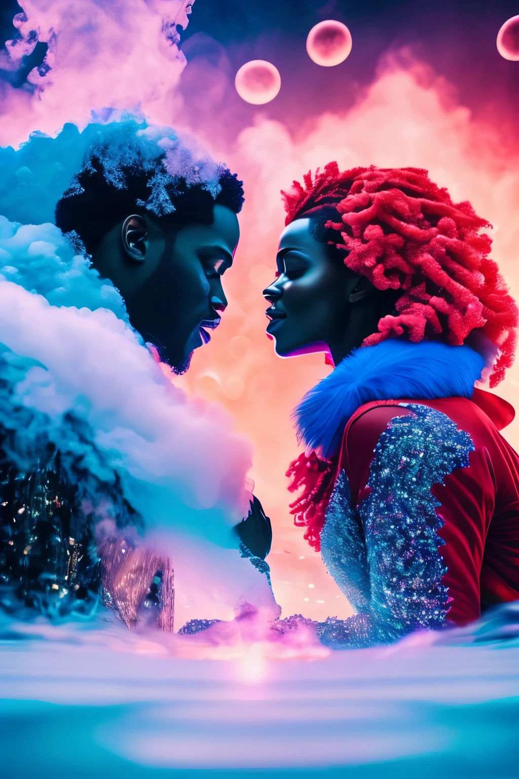 In this breathtaking cinematic scene, a captivating Black couple skillfully glides across the meticulously detailed ice rink, their hands gently intertwined as they bask in the radiance of true love. The ice surface is adorned with an intricate arrangement of heart shapes, each one reflecting the passion and devotion that binds them together. As they move in harmony, the air is filled with mesmerizing red and blue smoke flares, adding a magical and otherworldly ambiance to the already enchanting moment. With every intricacy meticulously captured, the stunning 32k ultra HD resolution immerses you into the scene, making you feel as if you