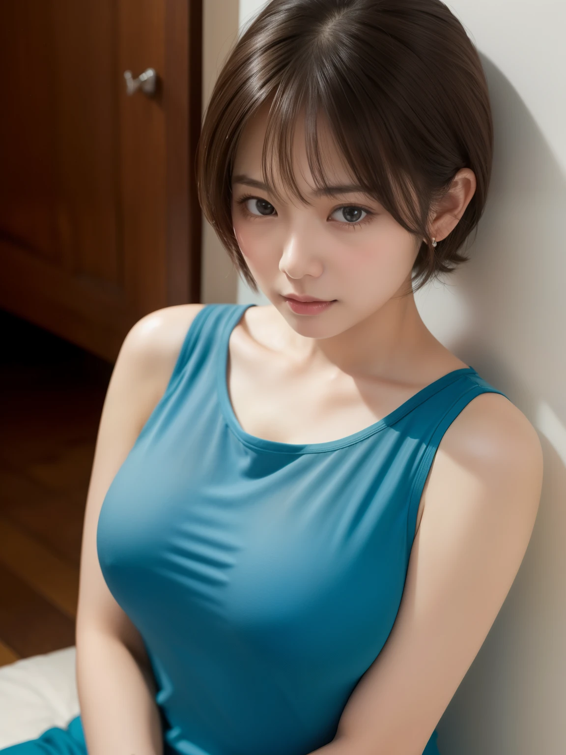 ((masterpiece))、((highest quality))、photograph、reality、High level image quality、Super detailed、married woman、40 years old、(plump body)、delicate features、short hair、Realistic background and accessories、big and full breasts、round breasts、Sit in front、small beige tank top、See-through、Close-up、Right in front of you、Super close-up、looking up、A sweet gaze、In the closet、darkness、