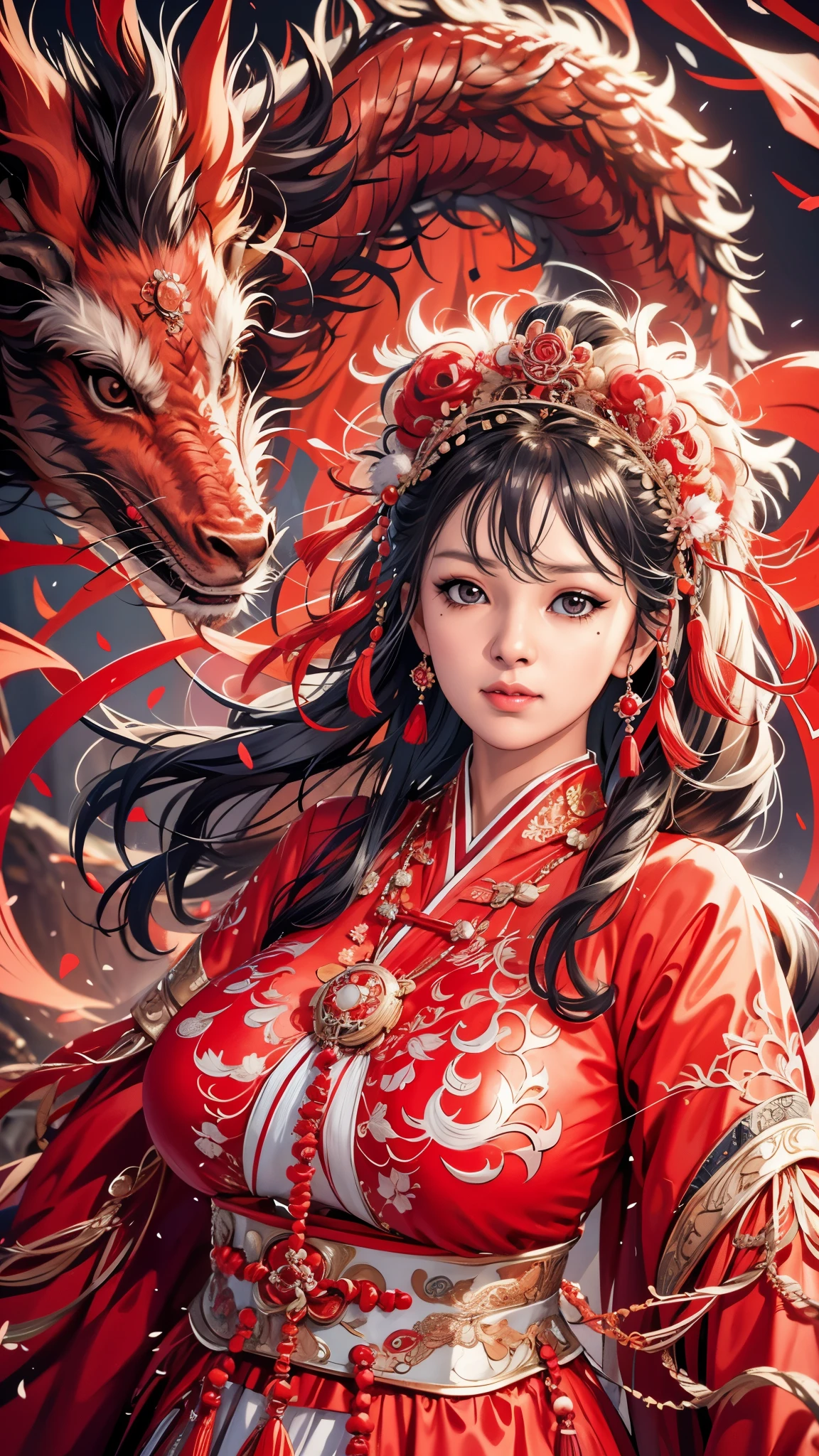 （（（完美figure，figure，red hanfu，Winter Hanfu，Chinese clothes,red clothes，red background,dragon，(Chinese fabric:1.2), hanfu， Dragon and girl，dragon帽兜，xuer lion head,Dragon，long hair，black hair，hair accessories，Chinese clothing，lantern，Oriental Dragon,（（（ailisha，Brown pupils，1girl，solo，long black hair，Exposing bangs ））），（（（wide hips））），S型figure:1.7））），((masterpiece)),high resolution, ((Best quality at best))，masterpiece，quality，Best quality，（（（ Exquisite facial features，looking at the audience,There is light in the eyes，blush，shy，Happy，laughing out loud））），（（（Light and shadow interlace，huge ））），（（（looking into camera，坐在dragon上）））