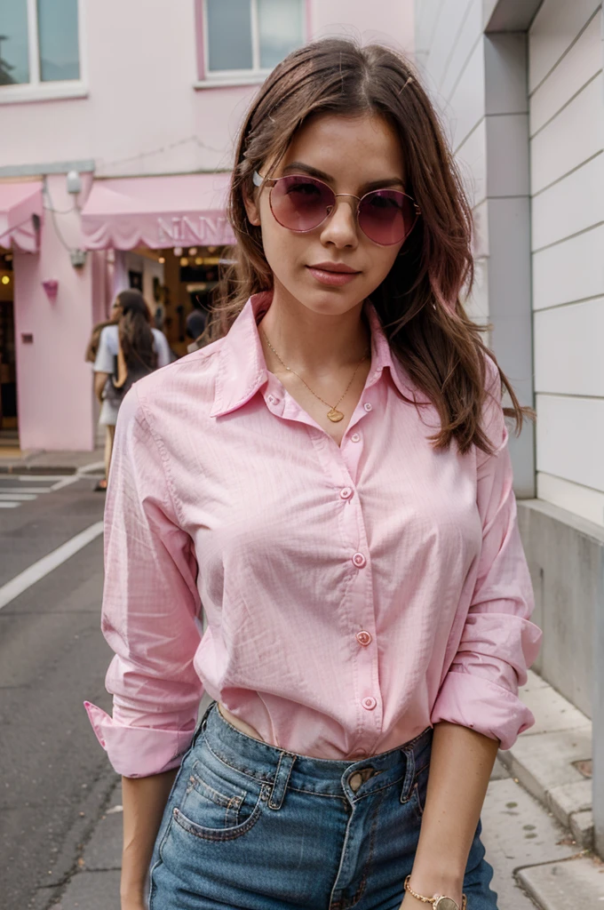 woman, collared pink shirt, sunglasses, candid picture, pink clothes, cute woman, vibrant, pink vibe, trendy