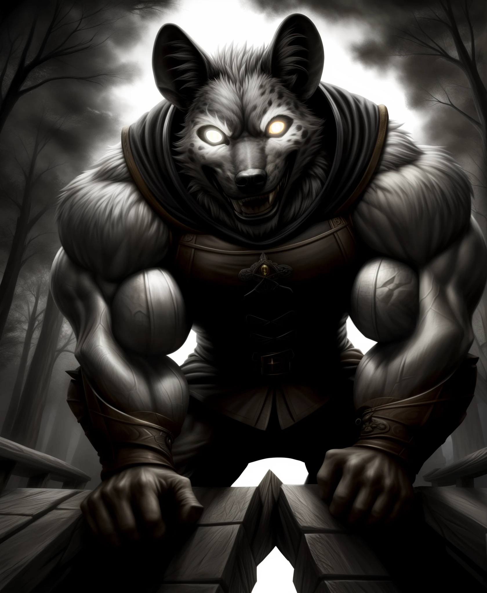 ASCIIASCIIGnoll, anthro, hyena, tall, furry, muscular, male, (((Black and white fur))) glowing white eyes, black irises, pinprick eyes, outdoors, in woods, dark lighting, buff, medieval, fantasy clothing, strong, fantasy setting, detailed face, detailed background, from below, hyena man leaning over you, POV perspective shot, devious smile, narrowed eyes, looking at viewer, (huge muscles), huge biceps, wide grin, armor, open mouth, medieval setting, detailed eyes, hires, photorealistic, realistic lighting, dark, at night, warm tone, black tunic, (((glowing white eyes))), clothed,