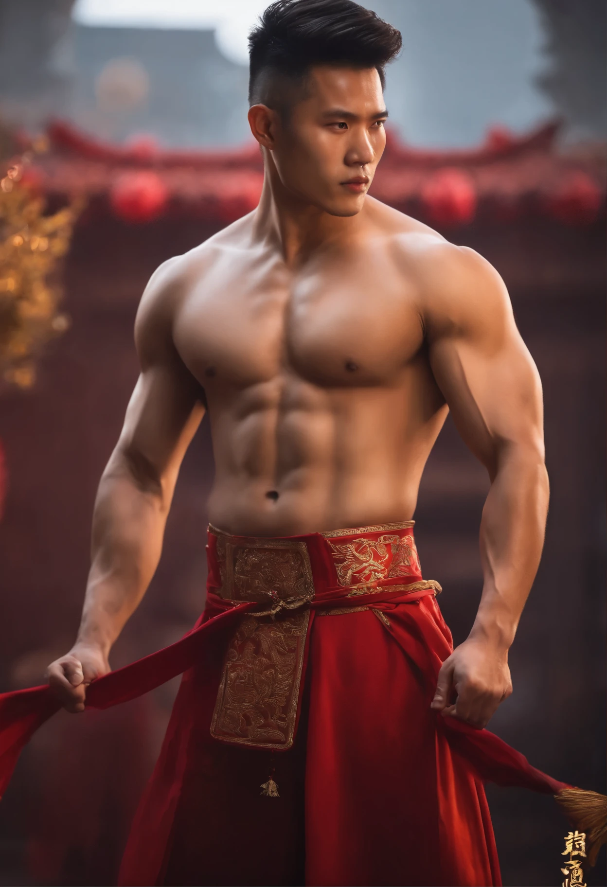8k, masterpiece, original photography, best quality, lifelike, High-detail CG unified 8K wallpaper, depth of field, Light, 镜头Light晕, Light线追踪, Scumbag face,masseter membrane、well built、1 male, (very strong and muscular body:1.3), (looking at the audience), (Firm look) :1.3),Asian、male、25 years old、Like young male lovers、赤naked上身、Light着膀子、Chinese fist-clenching ceremony、Congratulations on getting rich gesture、handsome man、muscular、Eye、short hair、Fade in and out、large size、Authentic texture、naked、Fitness trainer、Spring Festival scene、CNY、Chinese style big red background、Happy New Year