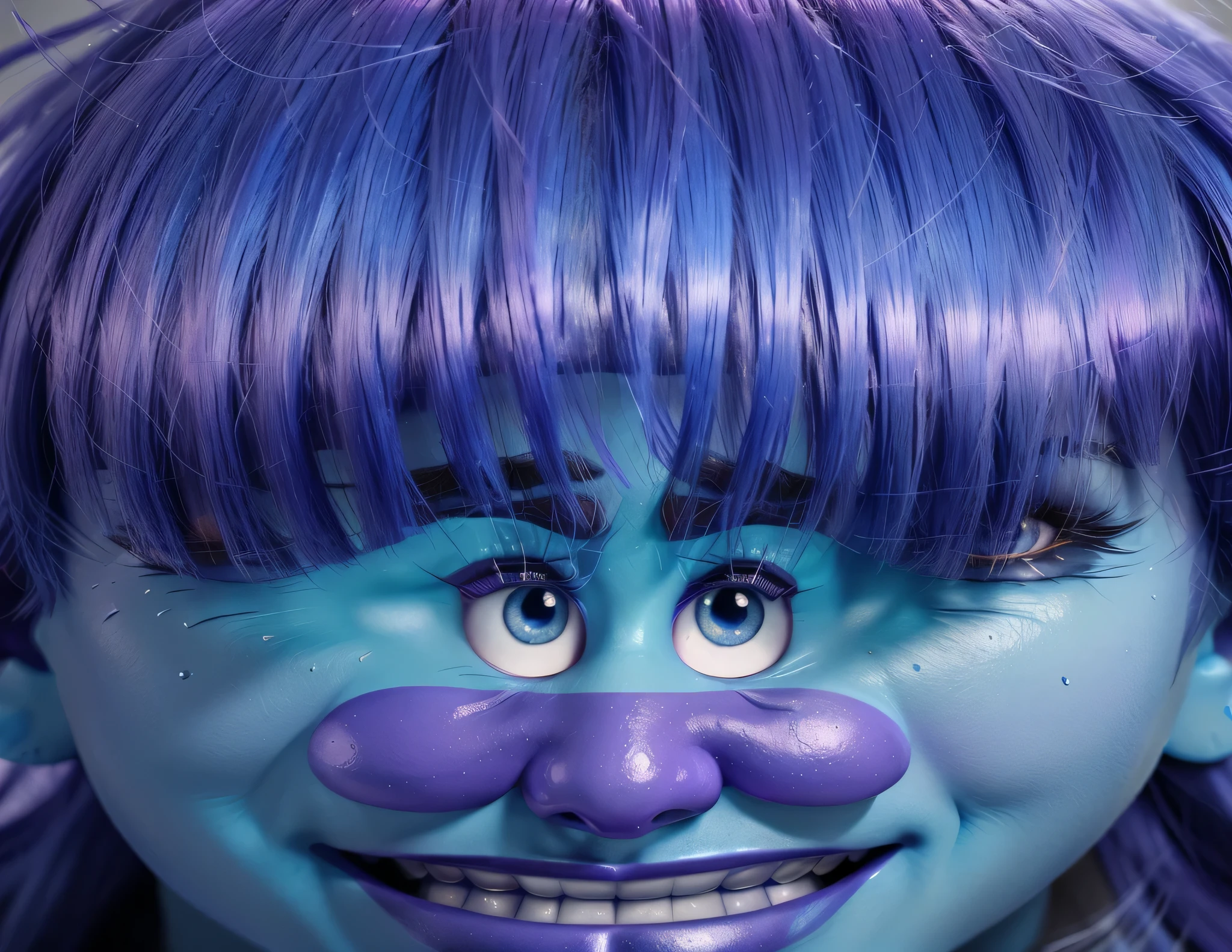 The image depicts blue troll with purple hair and a long nose. The blue troll character is depicted with a sense of surprise... It shows a close-up of blue troll with two large blue round eyes looking up in surprise. The troll has a blue face with dark blue eyebrows and blue eyes.. Purple hair growing up. He has a big purple nose underneath. He has a big purple nose underneath. It features a close-up of blue troll with large afro hair. The troll has a blue face with dark blue eyebrows and blue eyes.. with black eyelashes. He has a purple nose, blue troll, big blue eyes and black eyebrows. blue troll с фиолетовыми волосами и большими голубыми глазами. The troll has thick eyebrows. glossy trolls with glossy texture, smooth 3d model, Multiple light sources, rim light, sharp rendering of post-effects, (Glossy metallic texture with many large refractions of light probes), perfect CG, Anthropomorphic cat, Digital art, detailed Digital art, specular, Best quality, 4K, masterpiece:1.2, ultra detailed, Realistic, bright colors, dark and moody lighting, Highest quality image, Ensuring every detail looks perfect. This is in 4k resolution, allowing viewers to be immersed in rich colors and intricate details. The Realistic rendering. spotlight, specular, High-resolution image, realistic rendering, dark background, and rim light