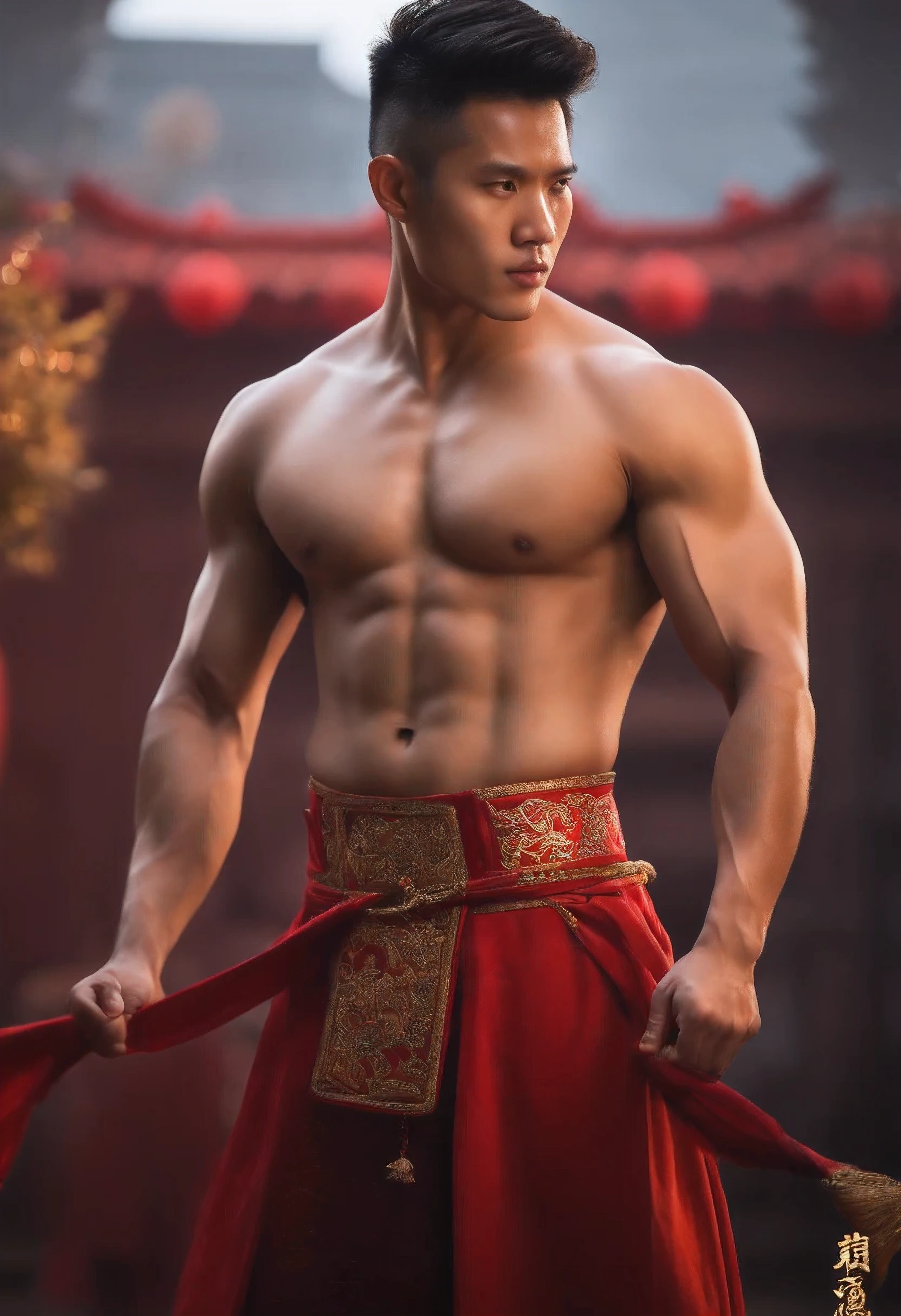 8k, masterpiece, original photography, best quality, lifelike, High-detail CG unified 8K wallpaper, depth of field, Light, 镜头Light晕, Light线追踪, Scumbag face，masseter membrane、well built、1 male, (very strong and muscular body:1.3), (looking at the audience), (Firm look) :1.3),Asian、male、25 years old、Like young male lovers、赤naked上身、Light着膀子、Chinese fist-clenching ceremony、Congratulations on getting rich gesture、handsome man、muscular、Eye、short hair、Fade in and out、large size、Authentic texture、naked、Fitness trainer、Spring Festival scene、CNY、Chinese style big red background、Happy New Year