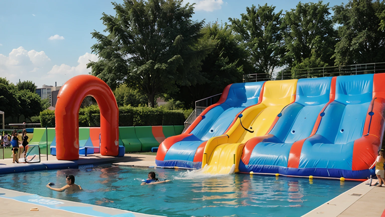 extreme water park, the park games with inflatables, the park games are huge, the park is installed in the middle of a city