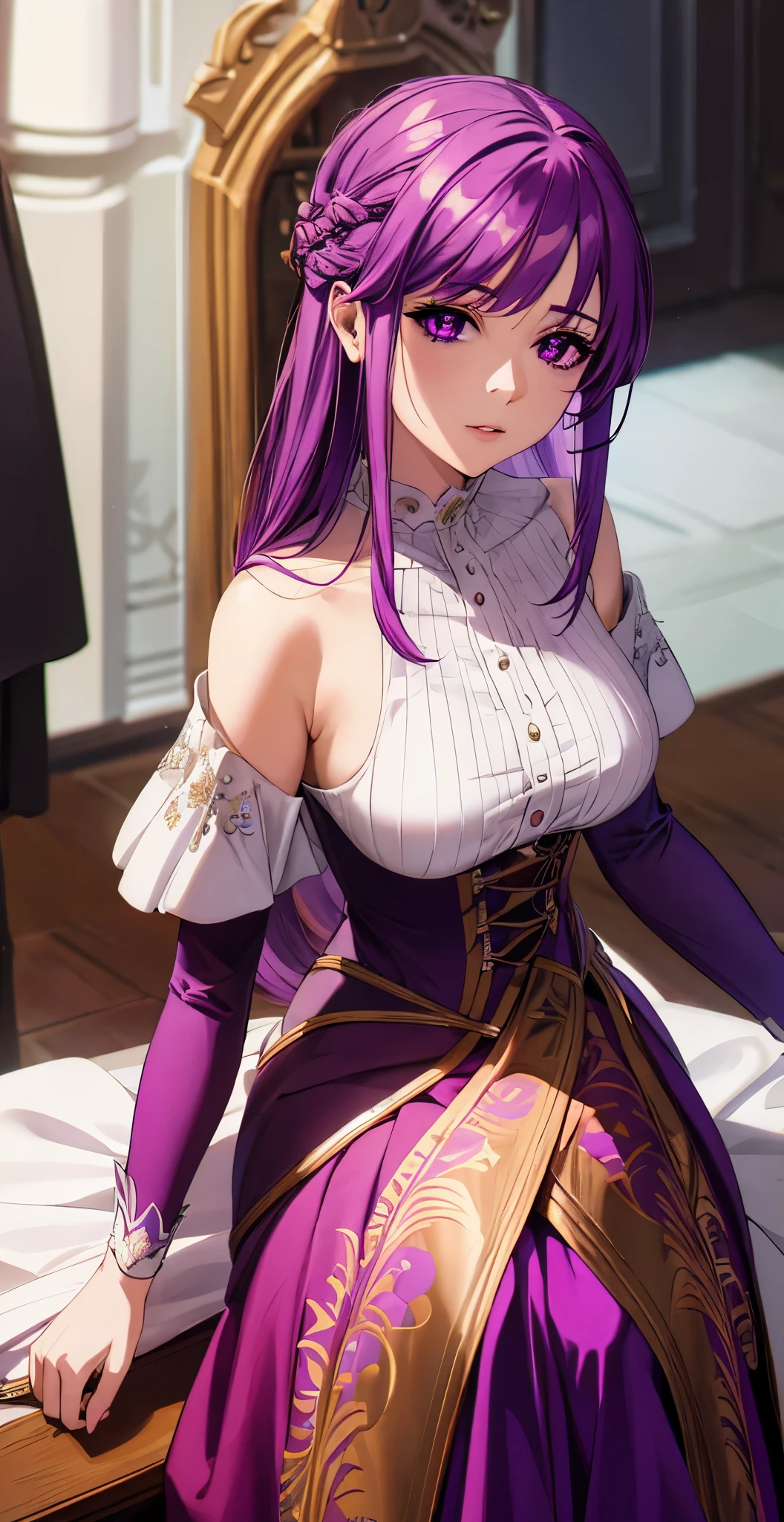 woman in a white dress with purple hair, purple eyes extremely detailed, feminine, high detail, anime illustration, 8k high quality detailed art, beautiful alluring, royal elegant pose