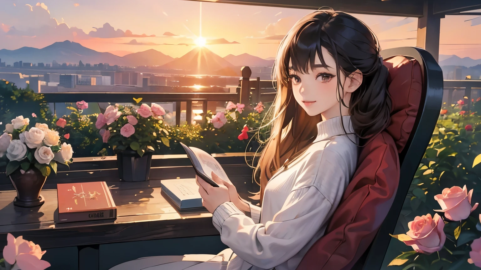 ((masterpiece)),(((bestquality))),((ultra-detailed)) realisticlying, 1 girl, korean woman, Beautiful, sit on the chair, wearing a sweater, Beautiful sunrice, solo, The sky turns red at morning, Face smile, looking to viewer, fowers, white rose, read a book, at Garden, outdoor.