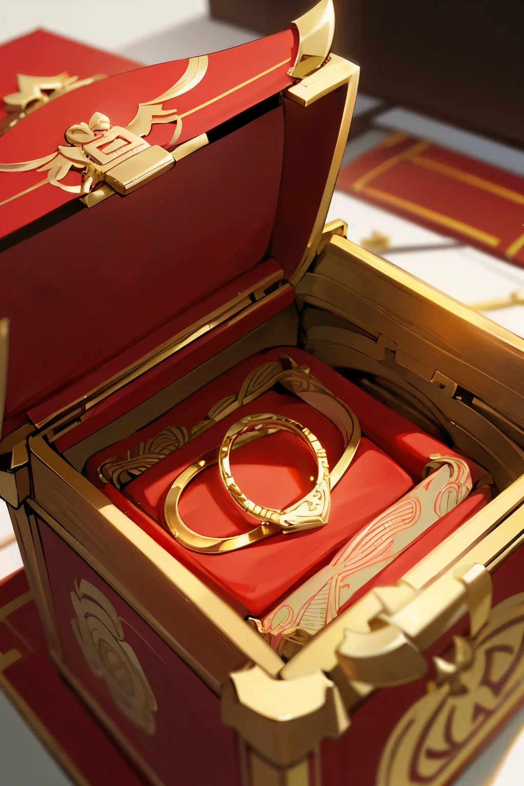 A gold ring in a red box stands on the table, Chinese New Year