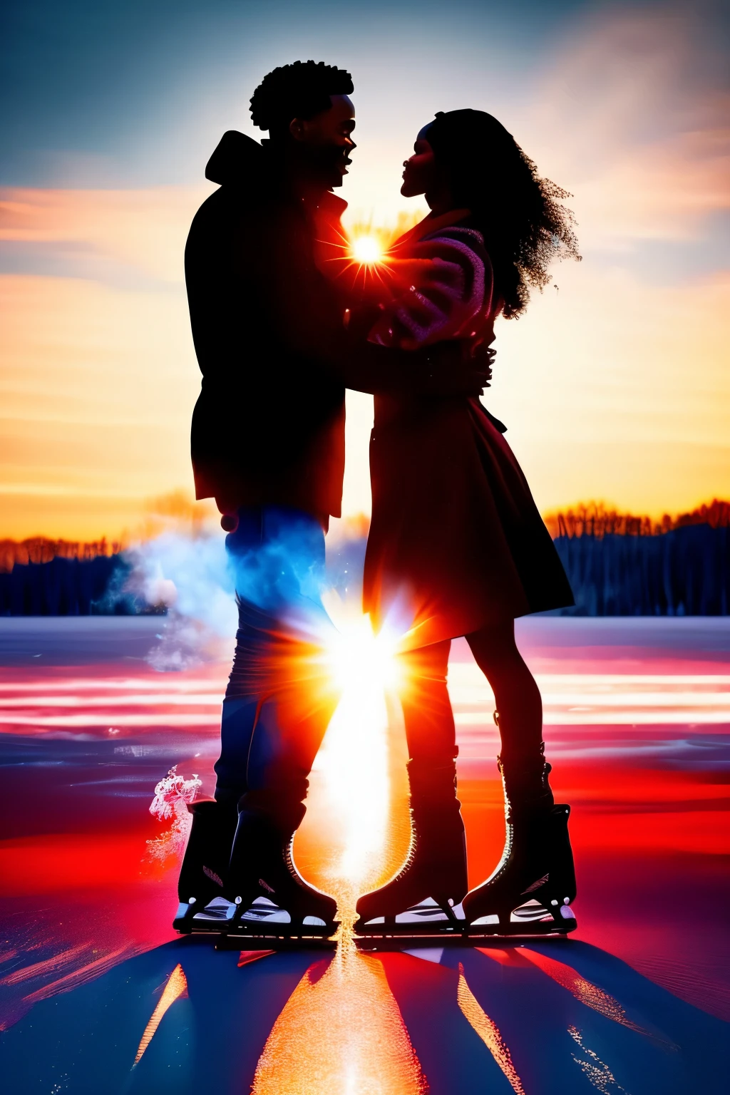 A breathtaking cinematic masterpiece unfolds on the ice, where a Black couple elegantly skates, their hands lovingly entwined in a heartfelt display of happiness. The ice surface embraces a symphony of heart shapes, a testament to their enduring love, while above them, red and blue smoke flares burst in the sky, sprinkling a pinch of enchantment to the already mesmerizing scene. This exquisite moment is captured in unparalleled detail with a breathtaking 32k resolution, making each strand of their hair and every wrinkle on their faces come alive in the Ultra HD presentation. The artgerm style infuses every frame
