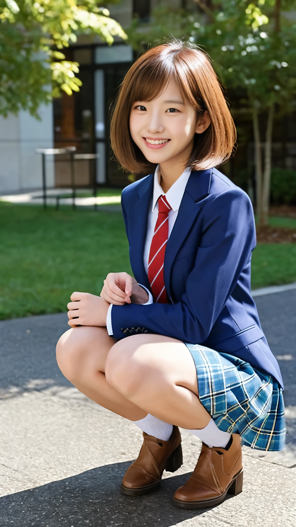 学校の教室でsquatting downかわいい女子高生,red tie uniform,Dark Blue Closed Blazer,Super super super mini skirt with blue plaid pattern:1.2,18-year-old,best smile,thighs,knees,pretty girl,slender girl,Blonde short cut with side waves:1.4,squatting down:1.5,